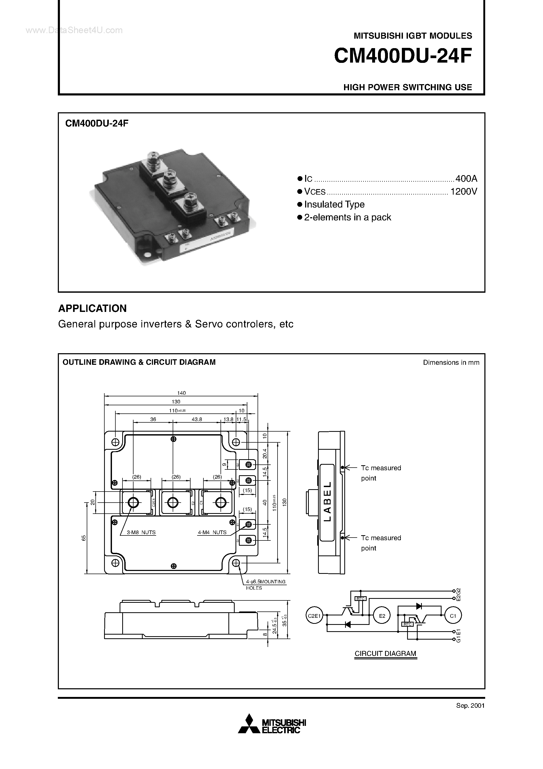 Даташит на микросхему CM400DU-24F страница 1 Даташит CM400DU-24F - HIGH POWER SWITCHING USE страница 1