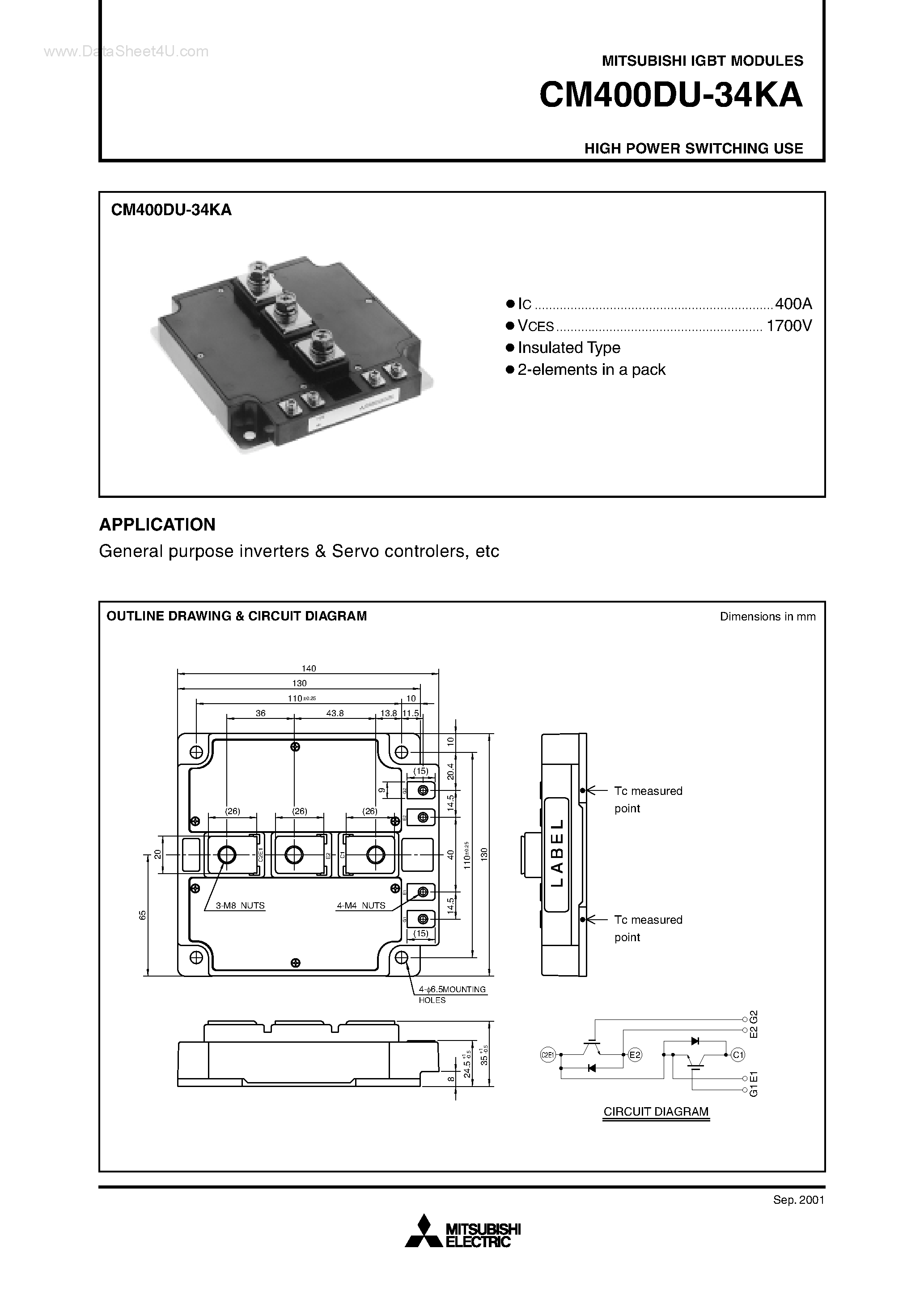 Даташит на микросхему CM400DU-34KA страница 1 Даташит CM400DU-34KA - HIGH POWER SWITCHING USE страница 1