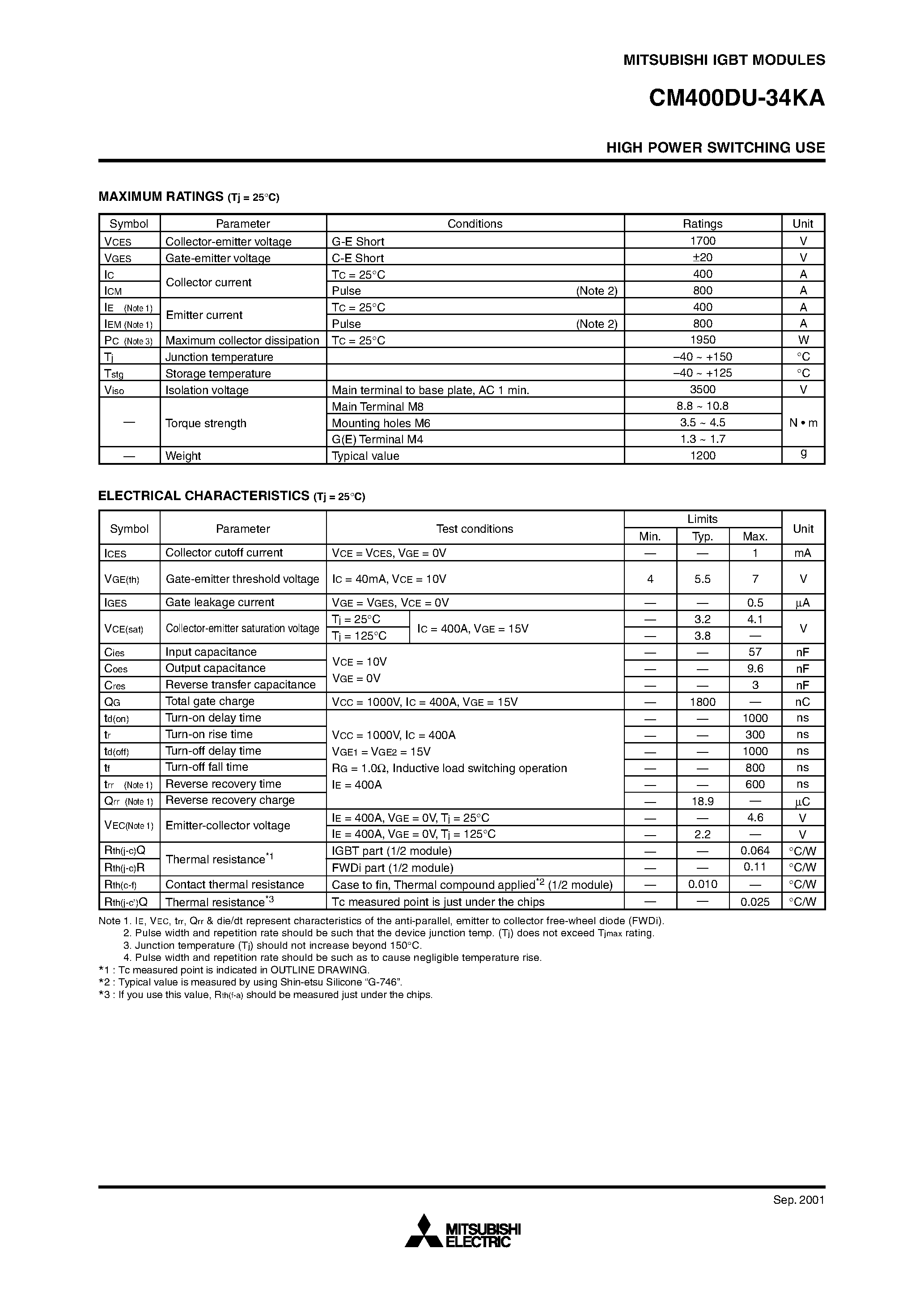 Даташит на микросхему CM400DU-34KA страница 2 Даташит CM400DU-34KA - HIGH POWER SWITCHING USE страница 2