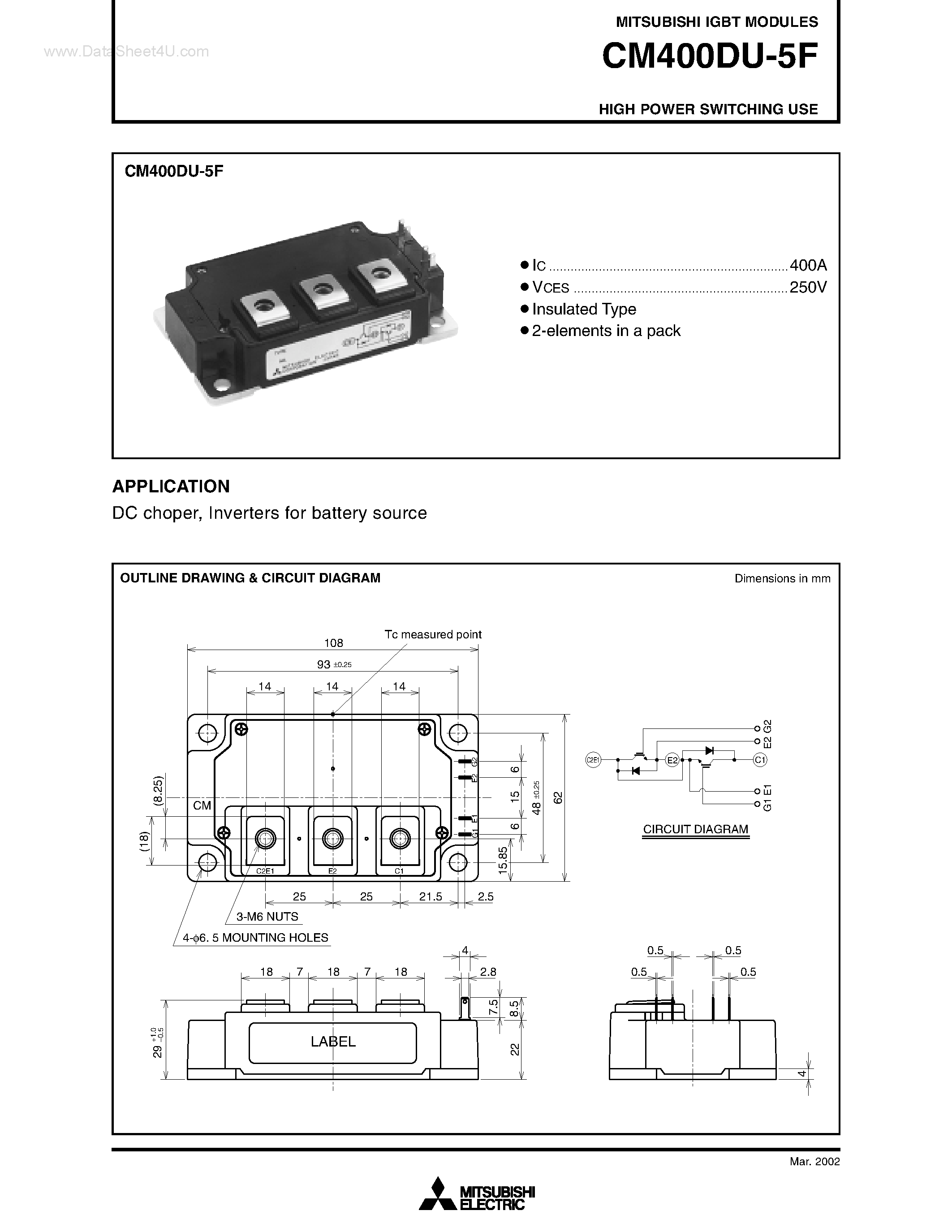 Даташит на микросхему CM400DU-5F страница 1 Даташит CM400DU-5F - HIGH POWER SWITCHING USE страница 1