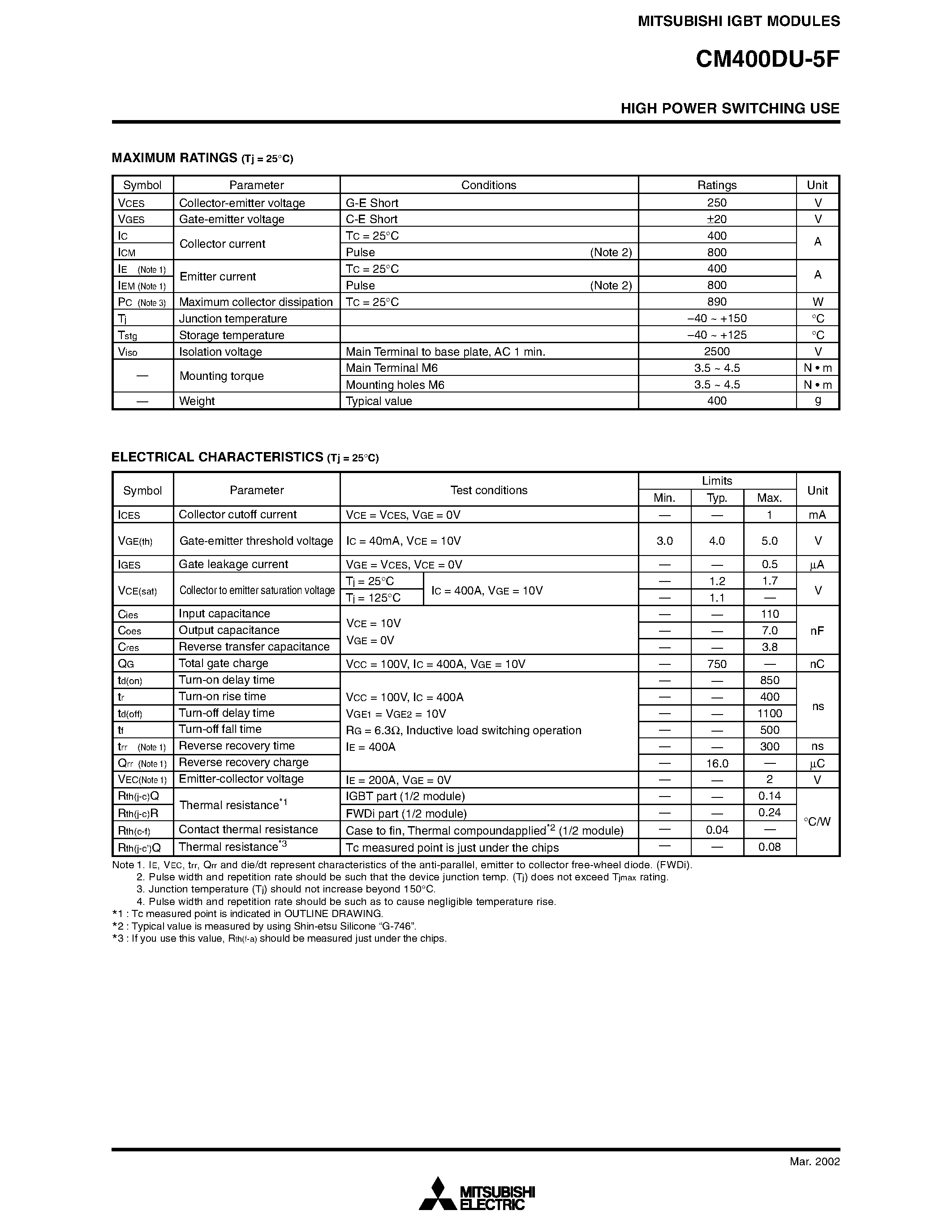 Даташит на микросхему CM400DU-5F страница 2 Даташит CM400DU-5F - HIGH POWER SWITCHING USE страница 2