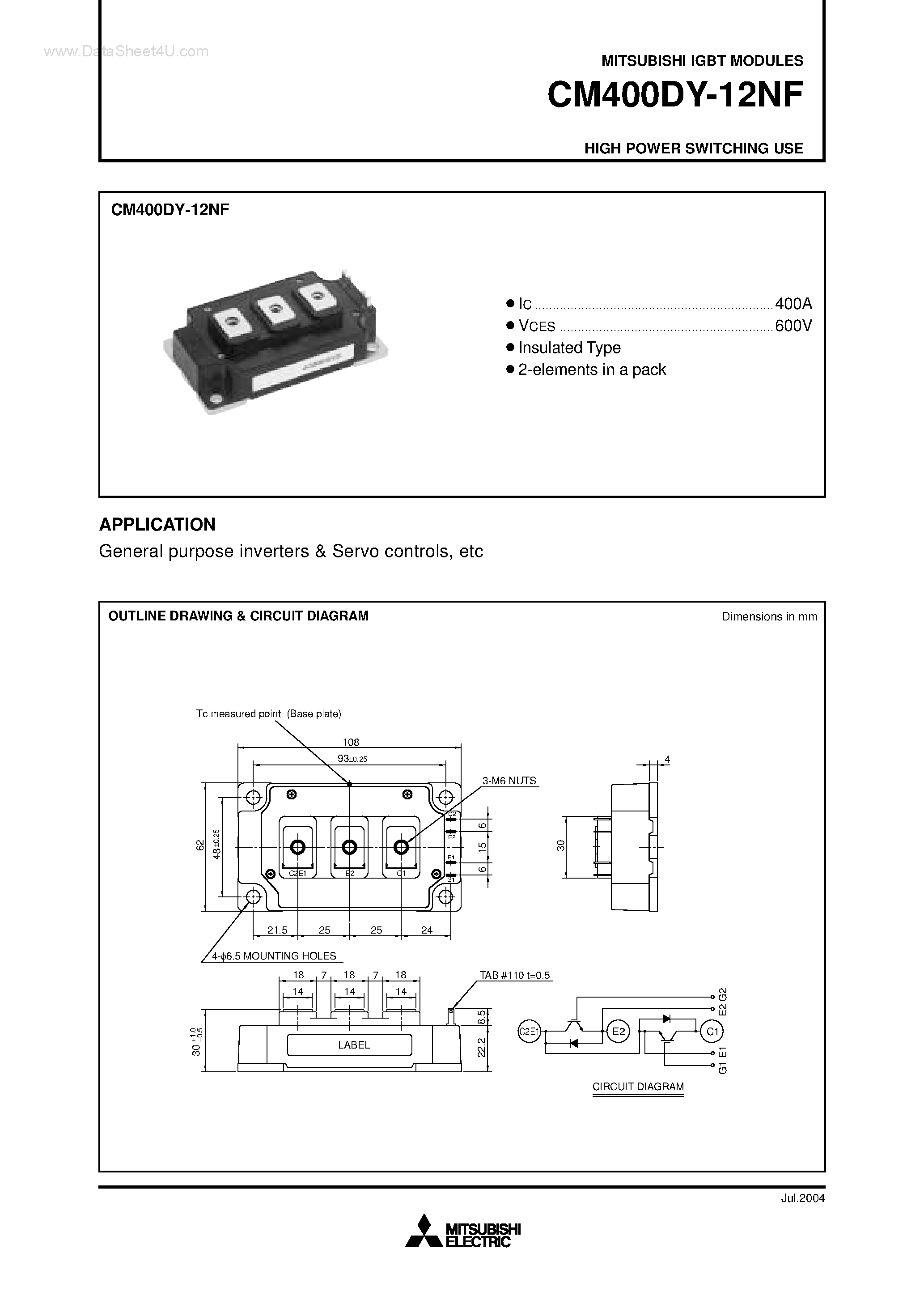 Даташит на микросхему CM400DY-12NF страница 1 Даташит CM400DY-12NF - HIGH POWER SWITCHING USE страница 1