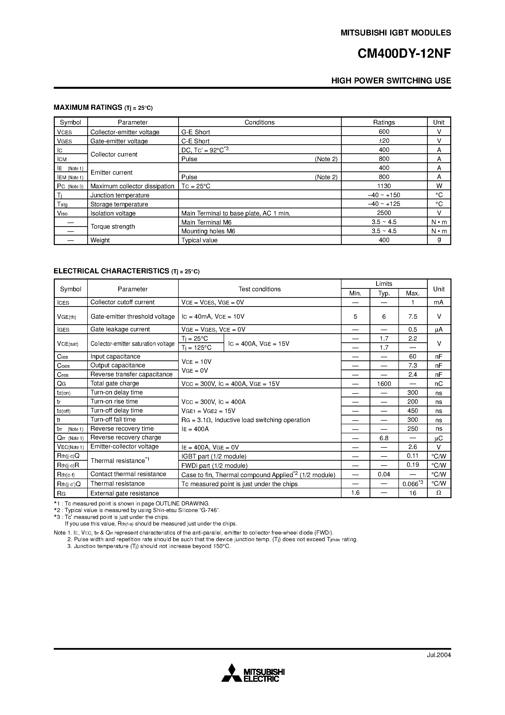 Даташит на микросхему CM400DY-12NF страница 2 Даташит CM400DY-12NF - HIGH POWER SWITCHING USE страница 2