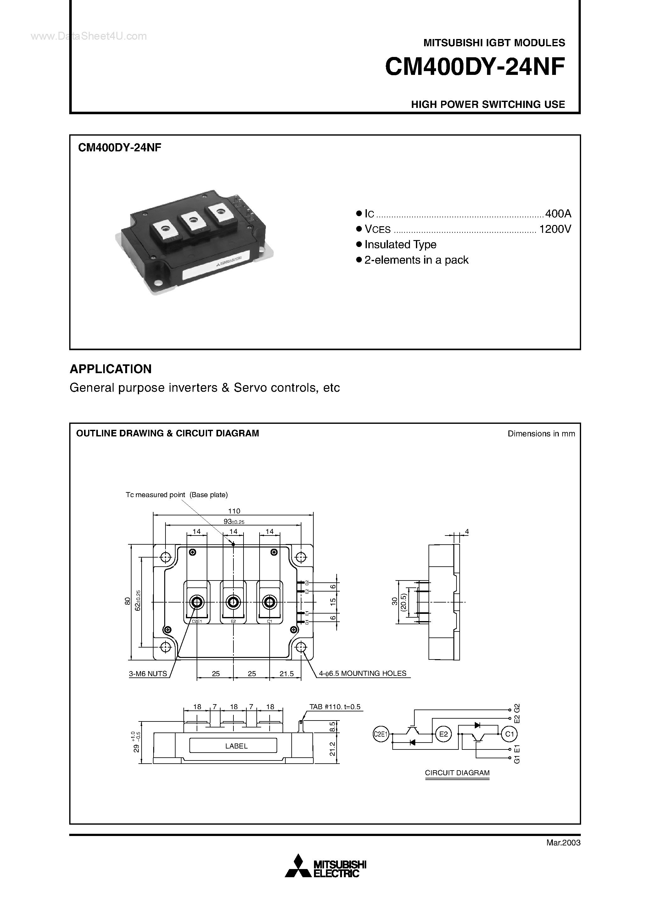 Даташит на микросхему CM400DY-24NF страница 1 Даташит CM400DY-24NF - HIGH POWER SWITCHING USE страница 1