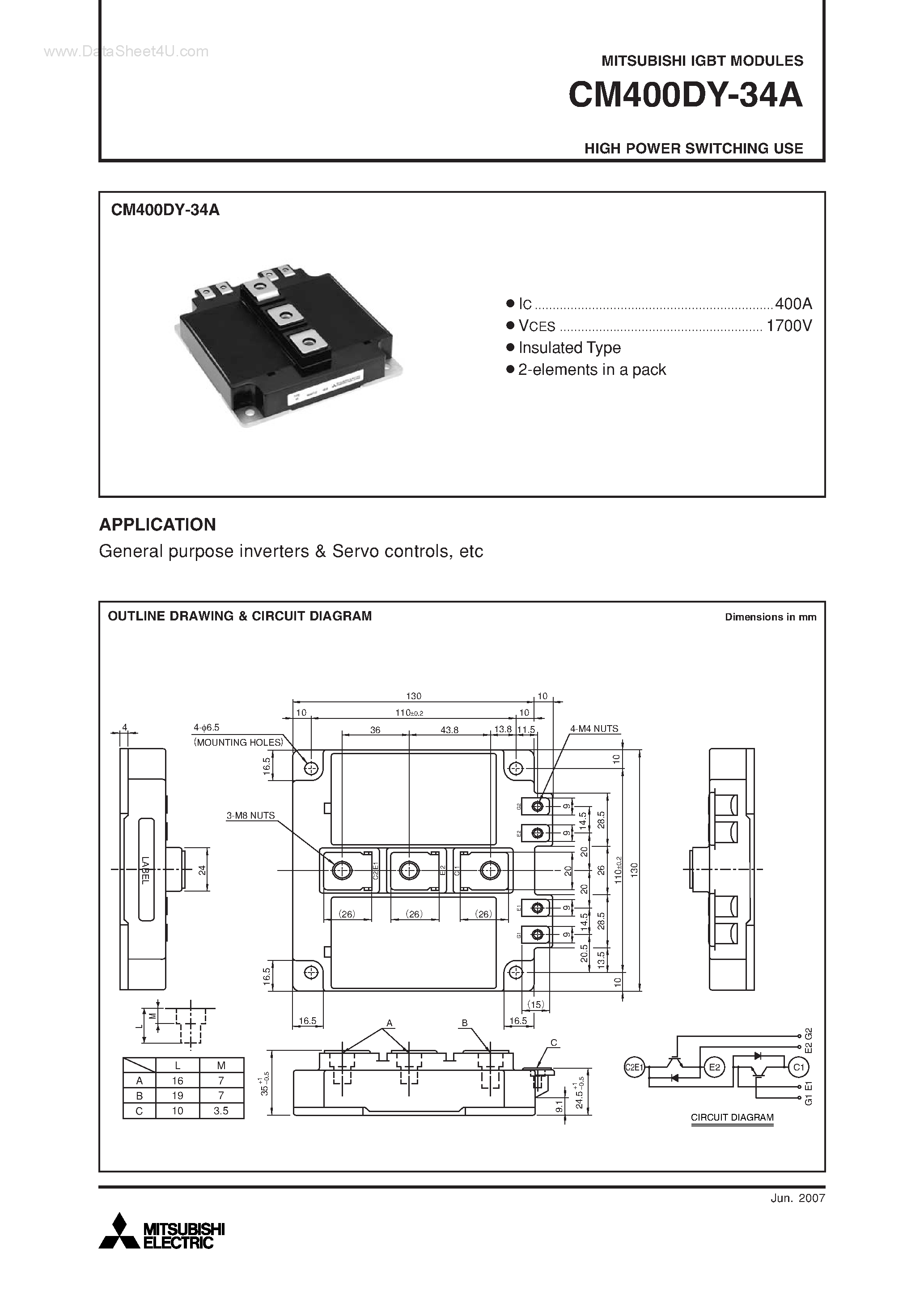 Даташит на микросхему CM400DY-34A страница 1 Даташит CM400DY-34A - HIGH POWER SWITCHING USE страница 1