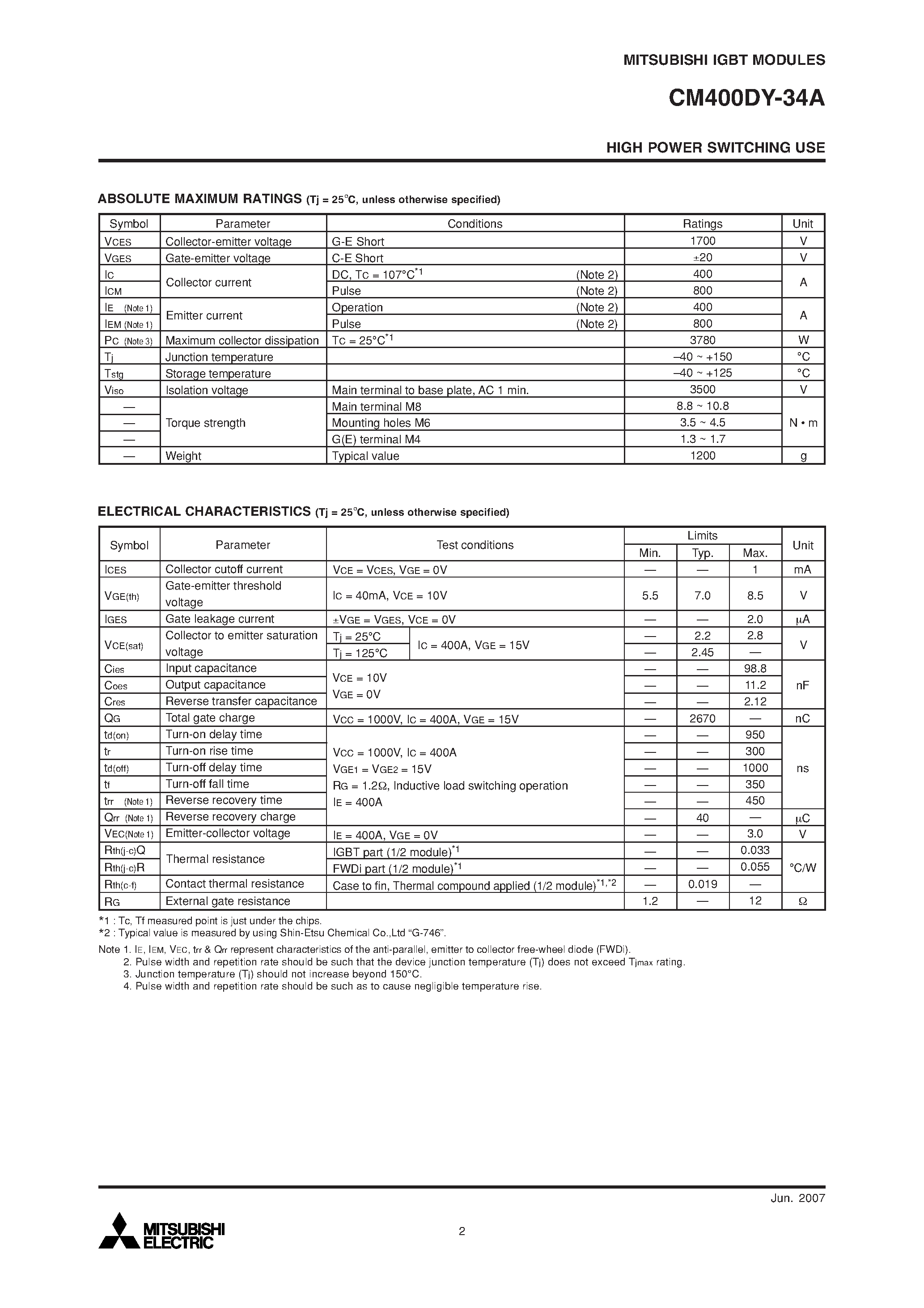 Даташит на микросхему CM400DY-34A страница 2 Даташит CM400DY-34A - HIGH POWER SWITCHING USE страница 2