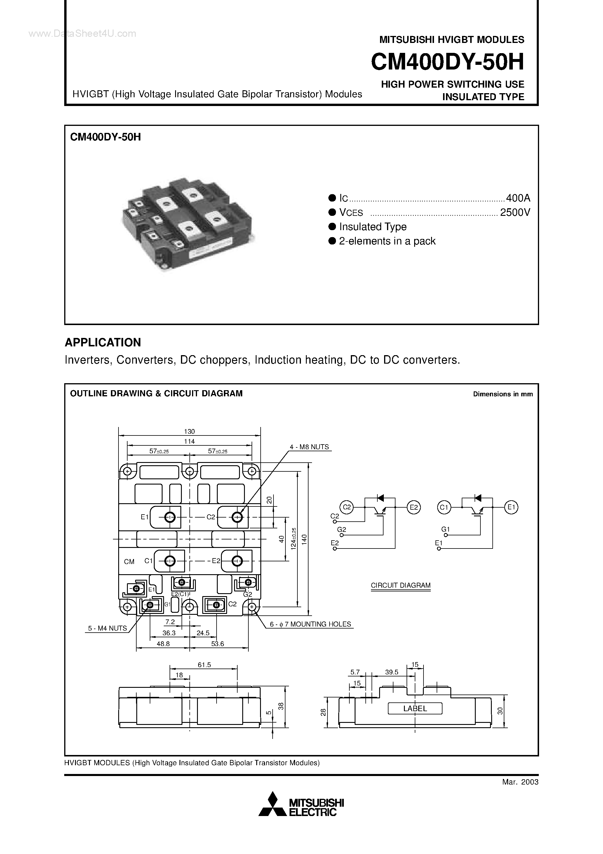 Даташит на микросхему CM400DY-50H страница 1 Даташит CM400DY-50H - HIGH POWER SWITCHING USE INSULATED TYPE страница 1