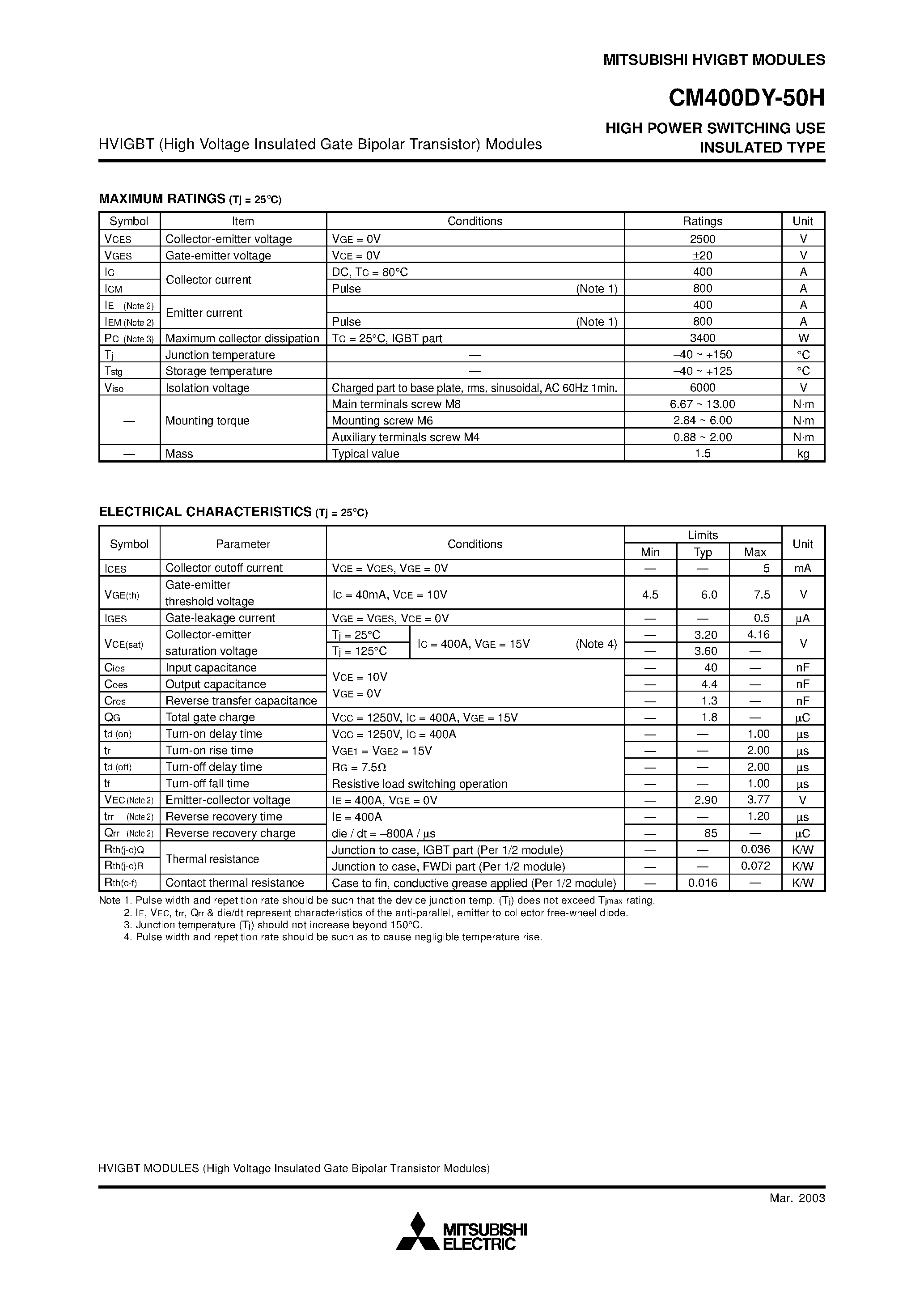 Даташит на микросхему CM400DY-50H страница 2 Даташит CM400DY-50H - HIGH POWER SWITCHING USE INSULATED TYPE страница 2