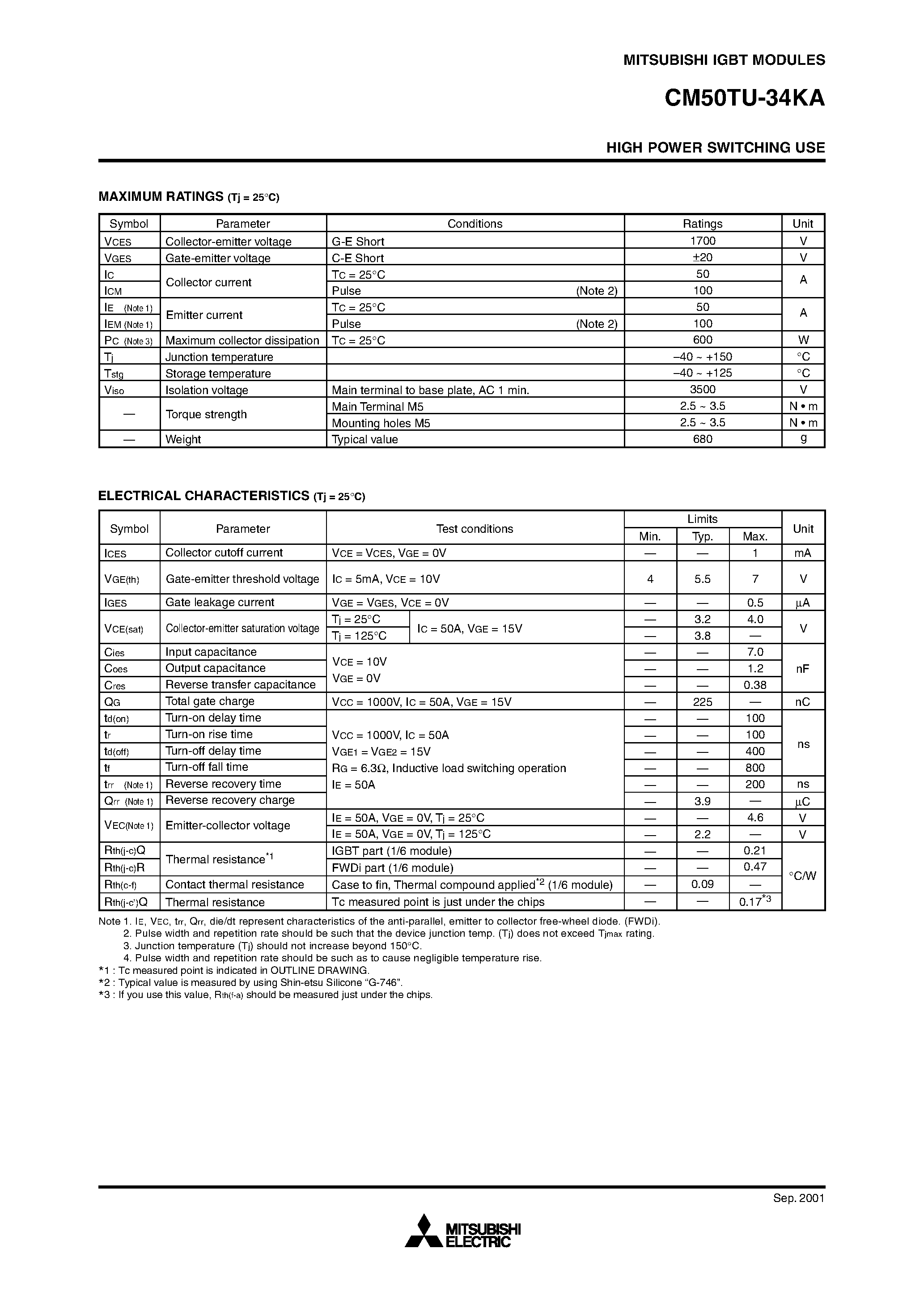 Даташит на микросхему CM50TU-34KA страница 2 Даташит CM50TU-34KA - IGBT MODULES HIGH POWER SWITCHING USE страница 2