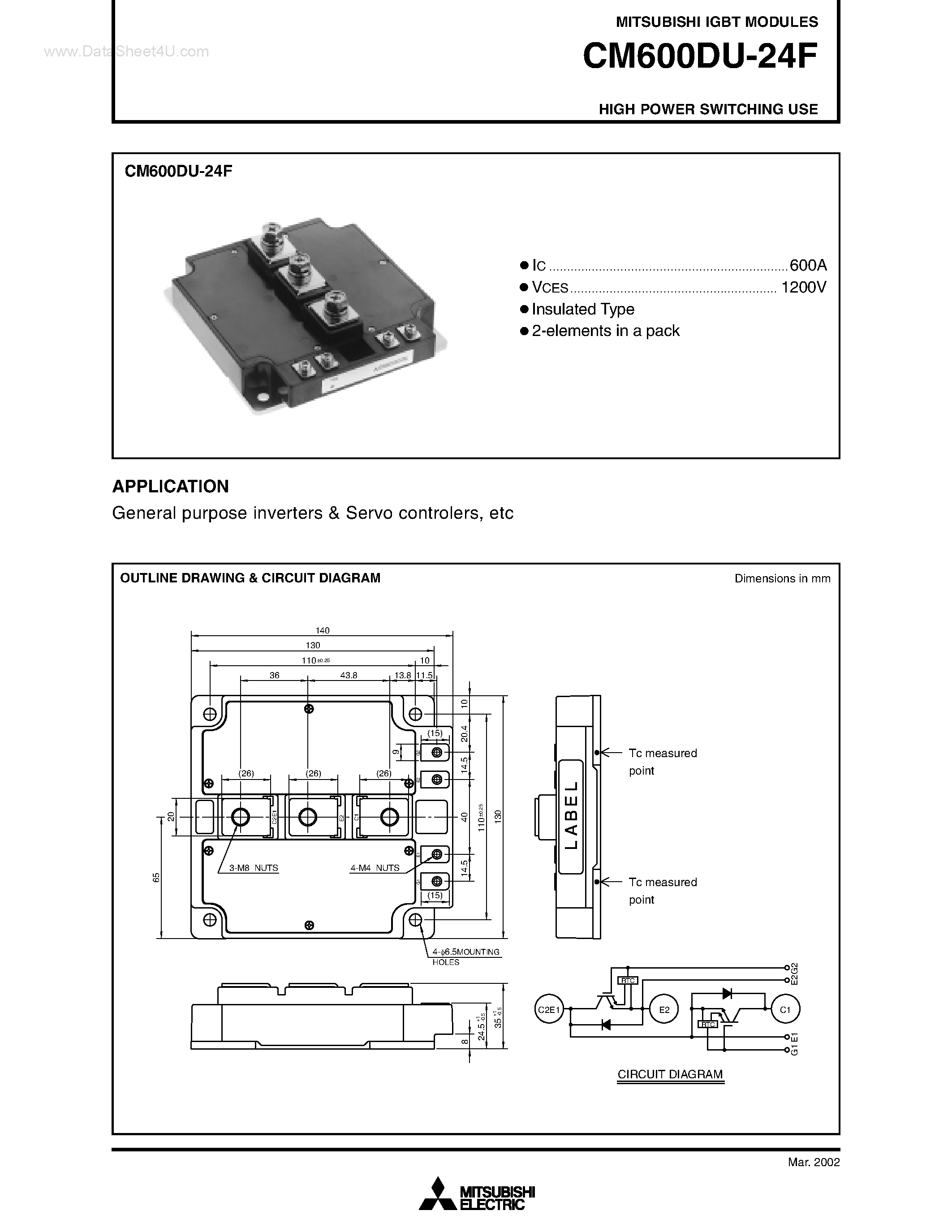 Даташит на микросхему CM600DU-24F страница 1 Даташит CM600DU-24F - HIGH POWER SWITCHING USE страница 1
