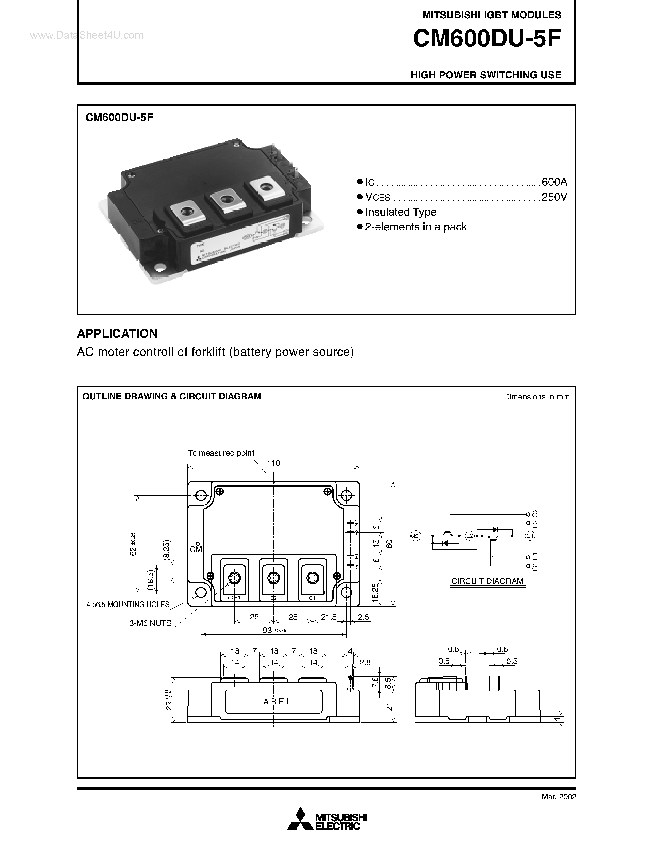 Даташит на микросхему CM600DU-5F страница 1 Даташит CM600DU-5F - HIGH POWER SWITCHING USE страница 1