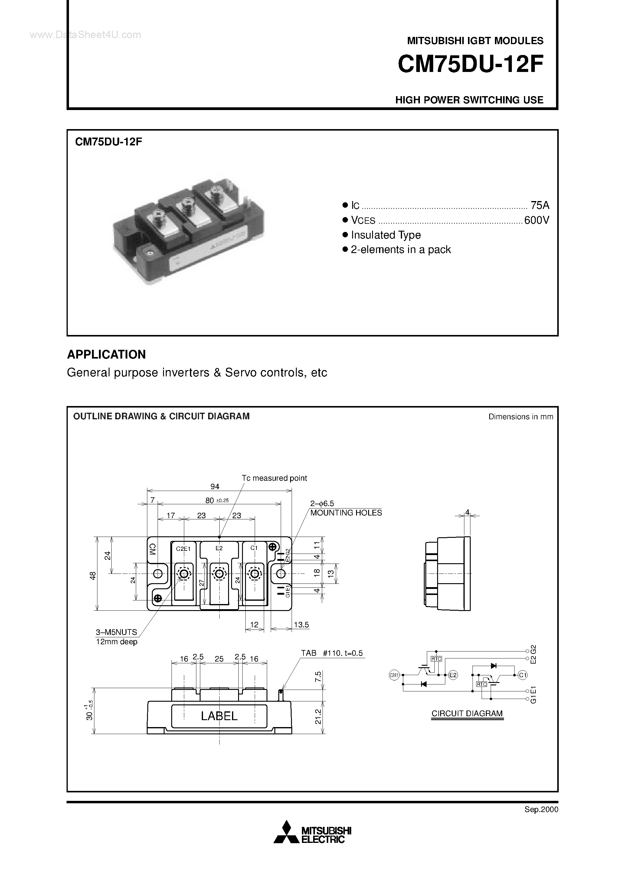 Даташит на микросхему CM75DU-12F страница 1 Даташит CM75DU-12F - HIGH POWER SWITCHING USE страница 1