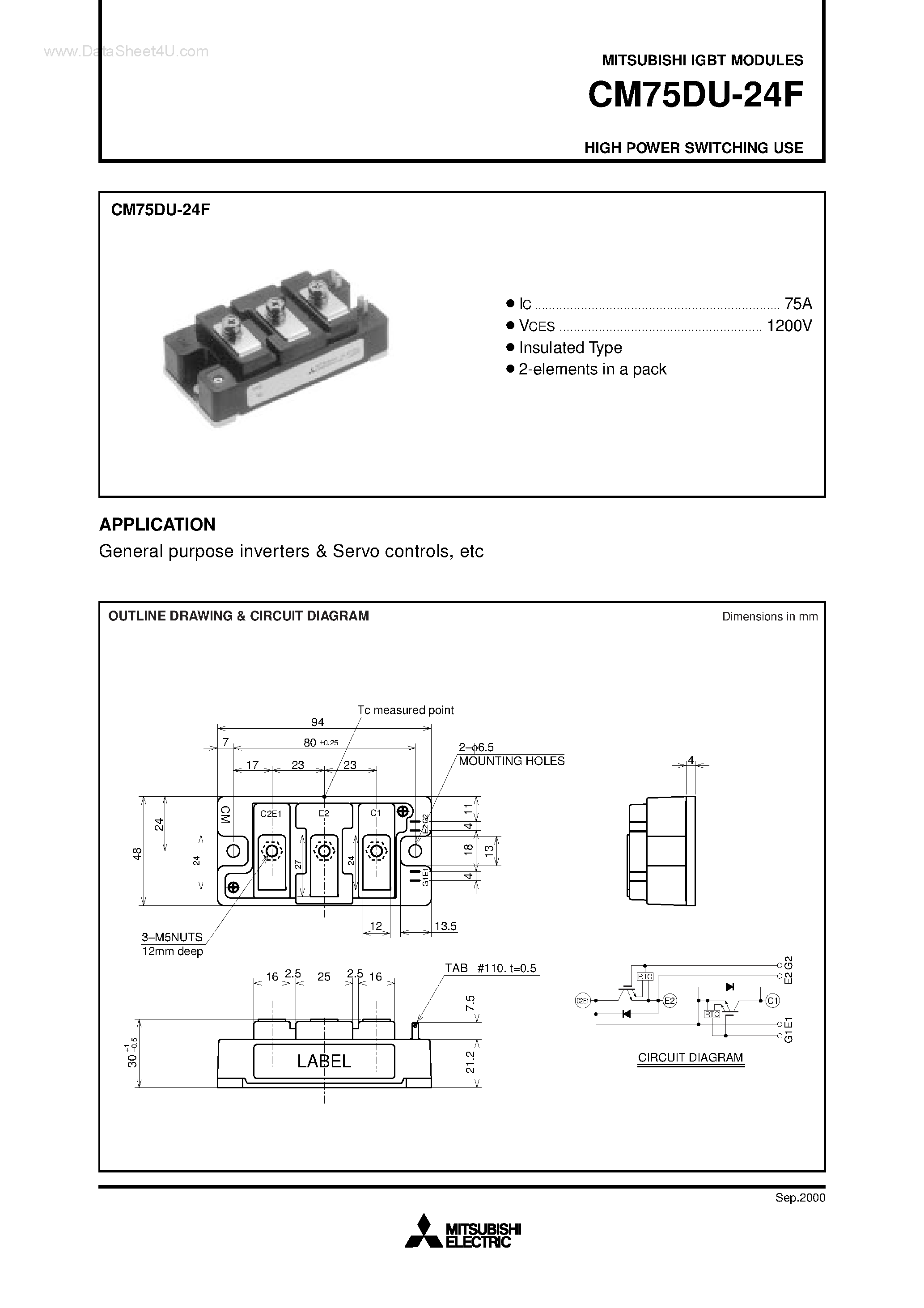 Даташит на микросхему CM75DU-24F страница 1 Даташит CM75DU-24F - HIGH POWER SWITCHING USE страница 1