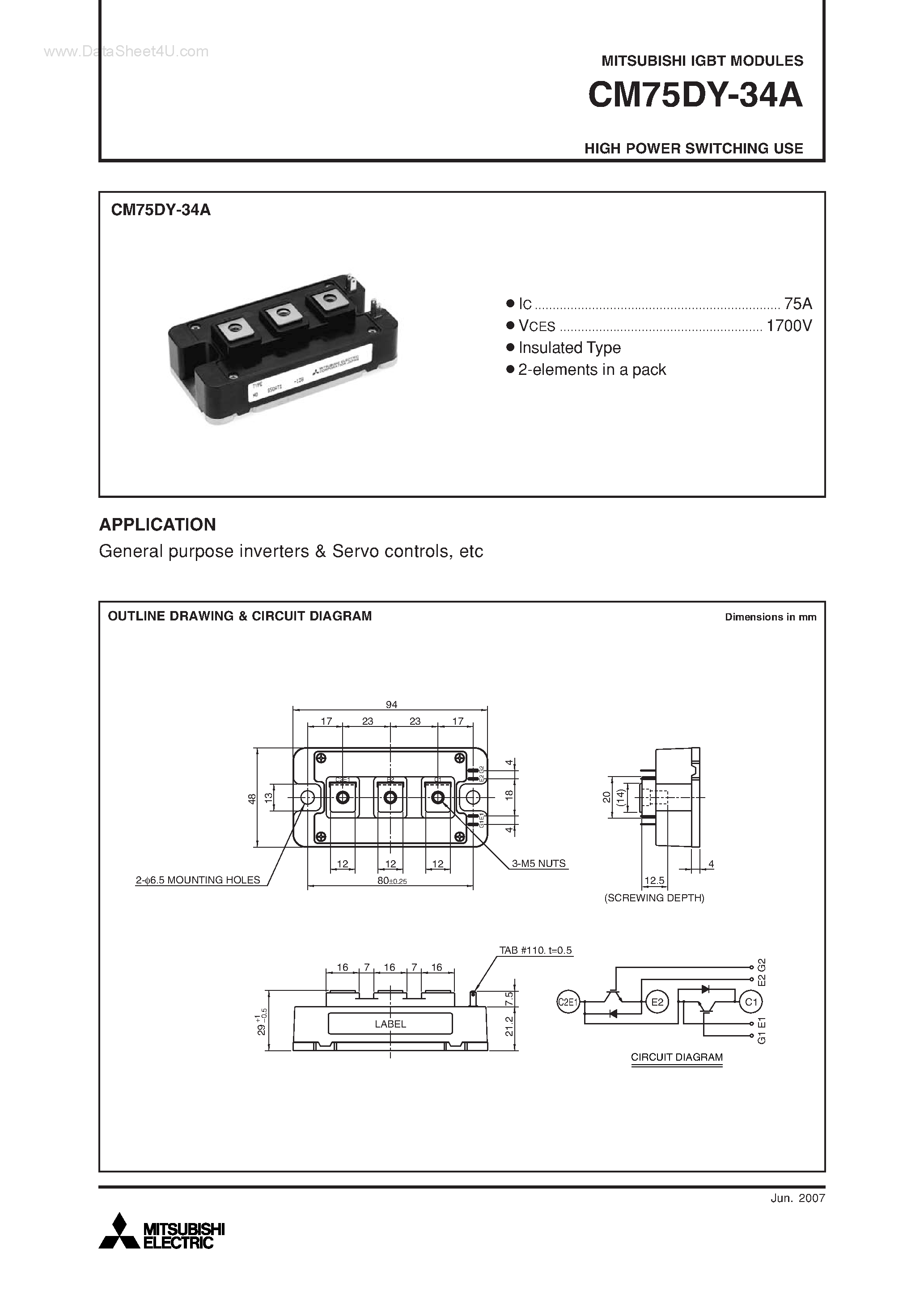 Даташит на микросхему CM75DY-34A страница 1 Даташит CM75DY-34A - HIGH POWER SWITCHING USE страница 1