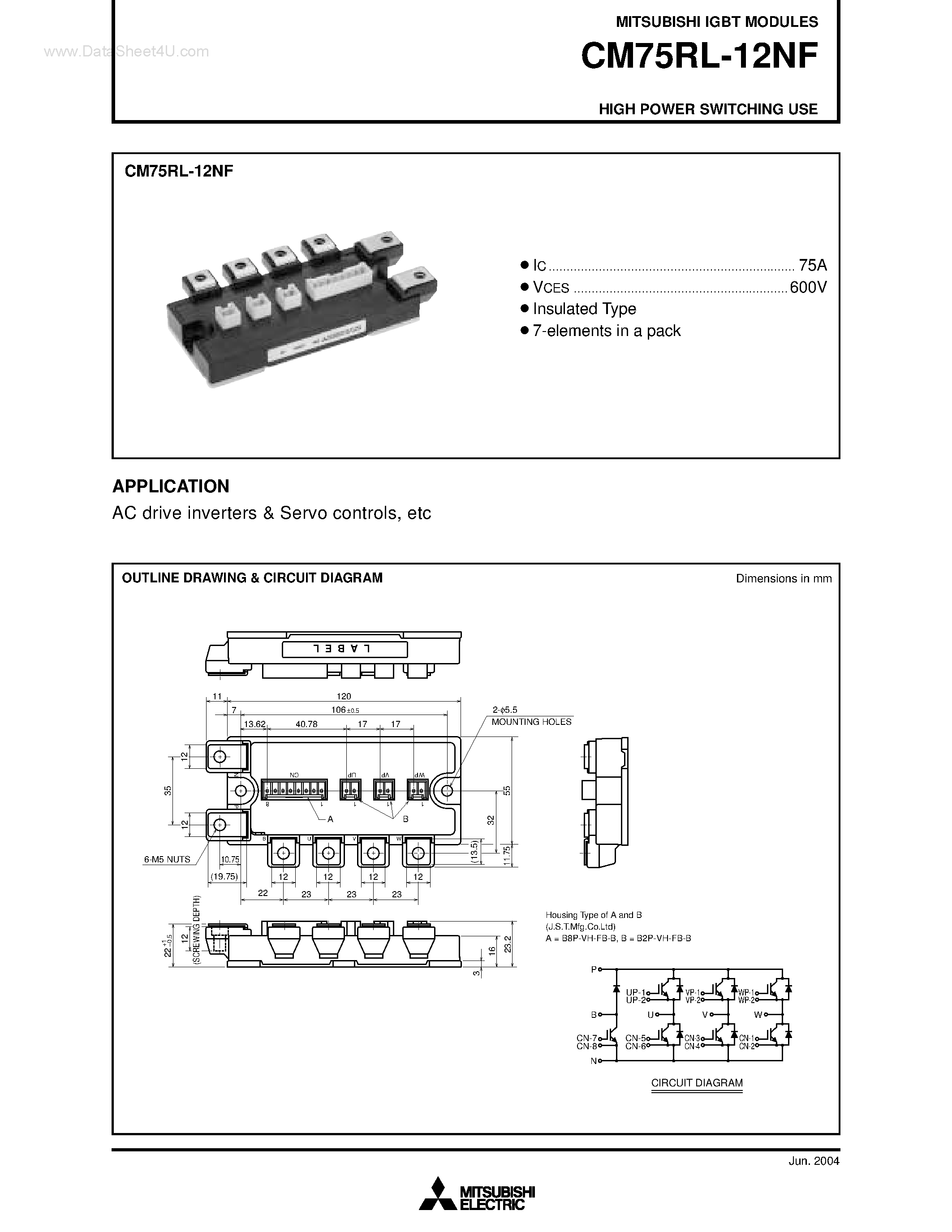 Даташит на микросхему CM75RL-12NF страница 1 Даташит CM75RL-12NF - HIGH POWER SWITCHING USE страница 1