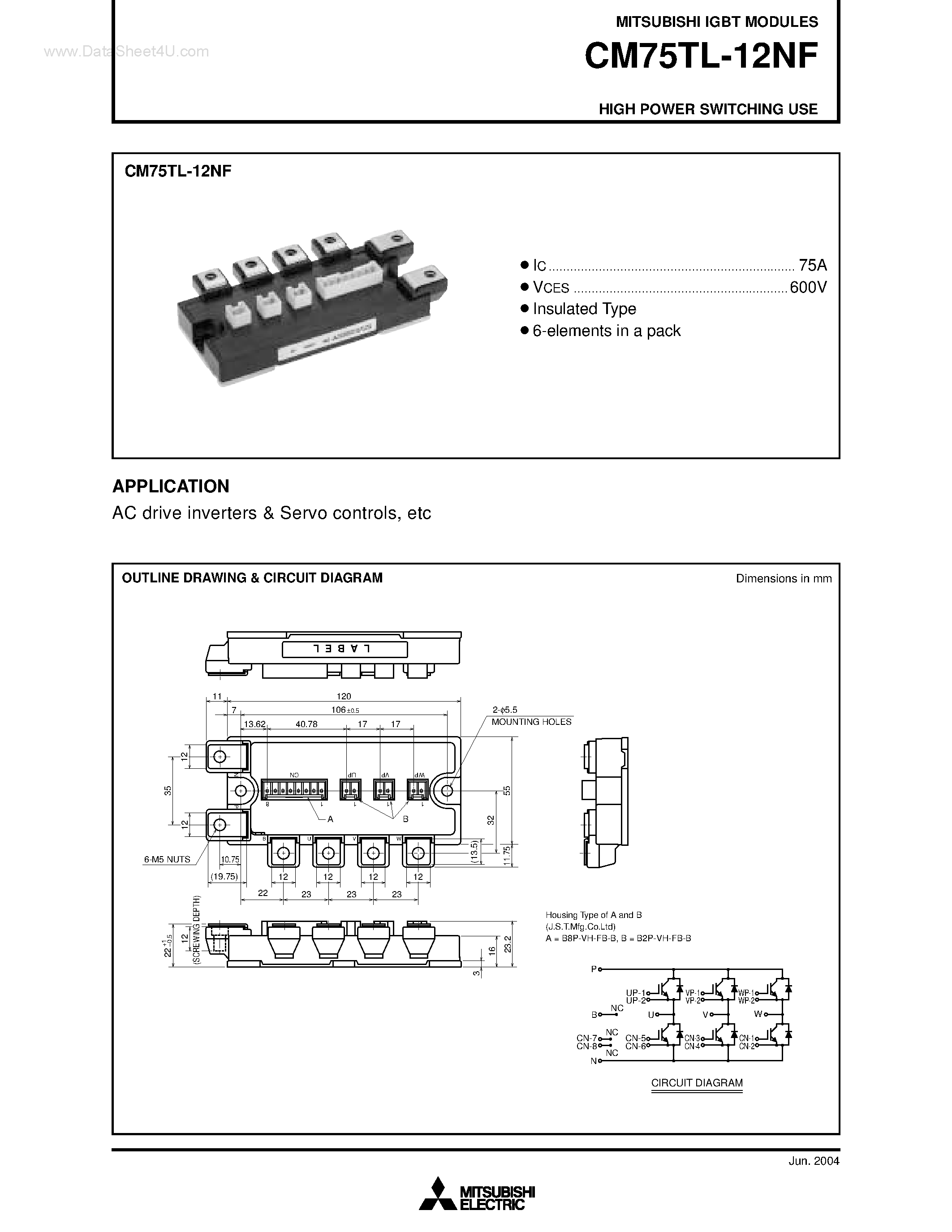 Даташит на микросхему CM75TL-12NF страница 1 Даташит CM75TL-12NF - HIGH POWER SWITCHING USE страница 1