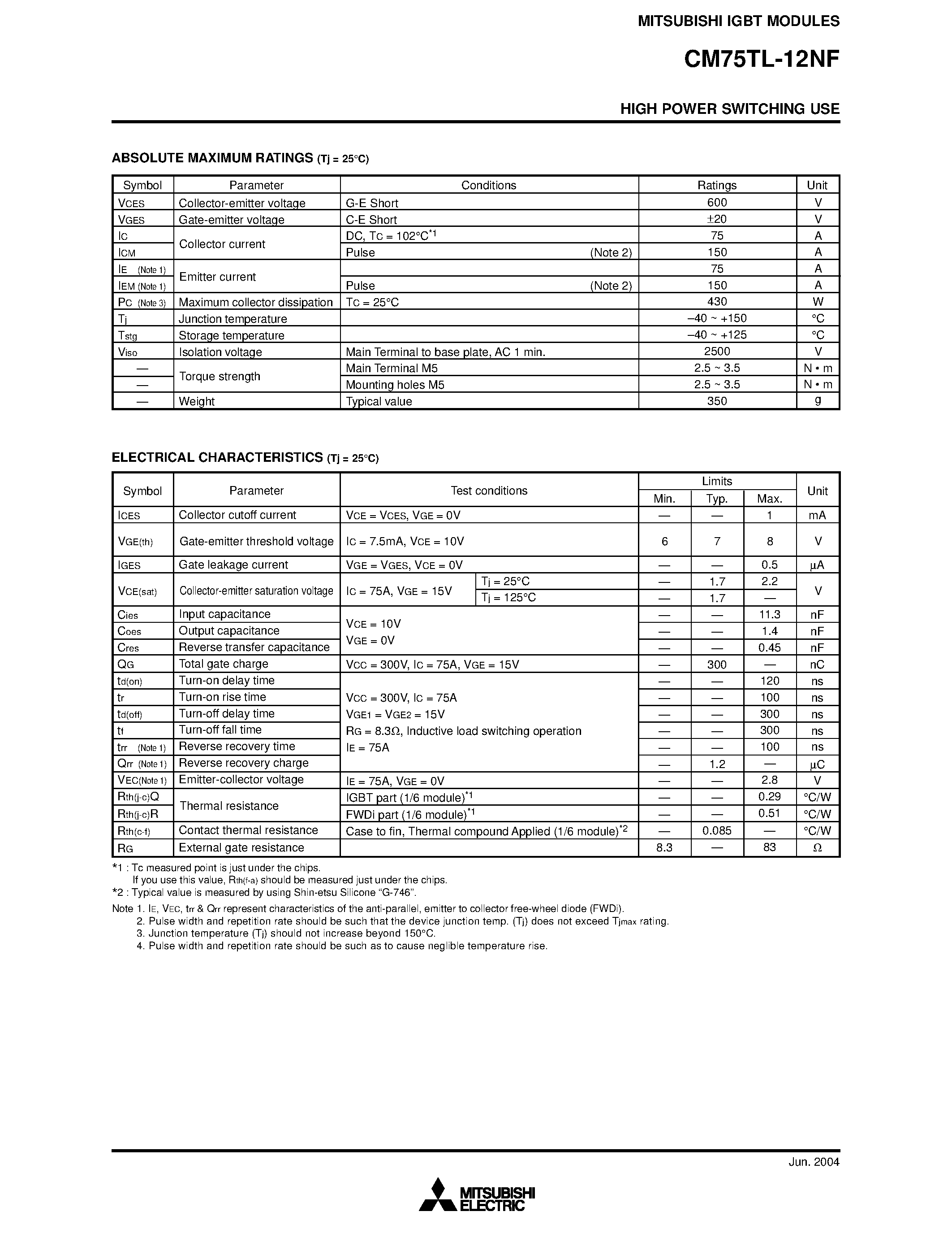 Даташит на микросхему CM75TL-12NF страница 2 Даташит CM75TL-12NF - HIGH POWER SWITCHING USE страница 2