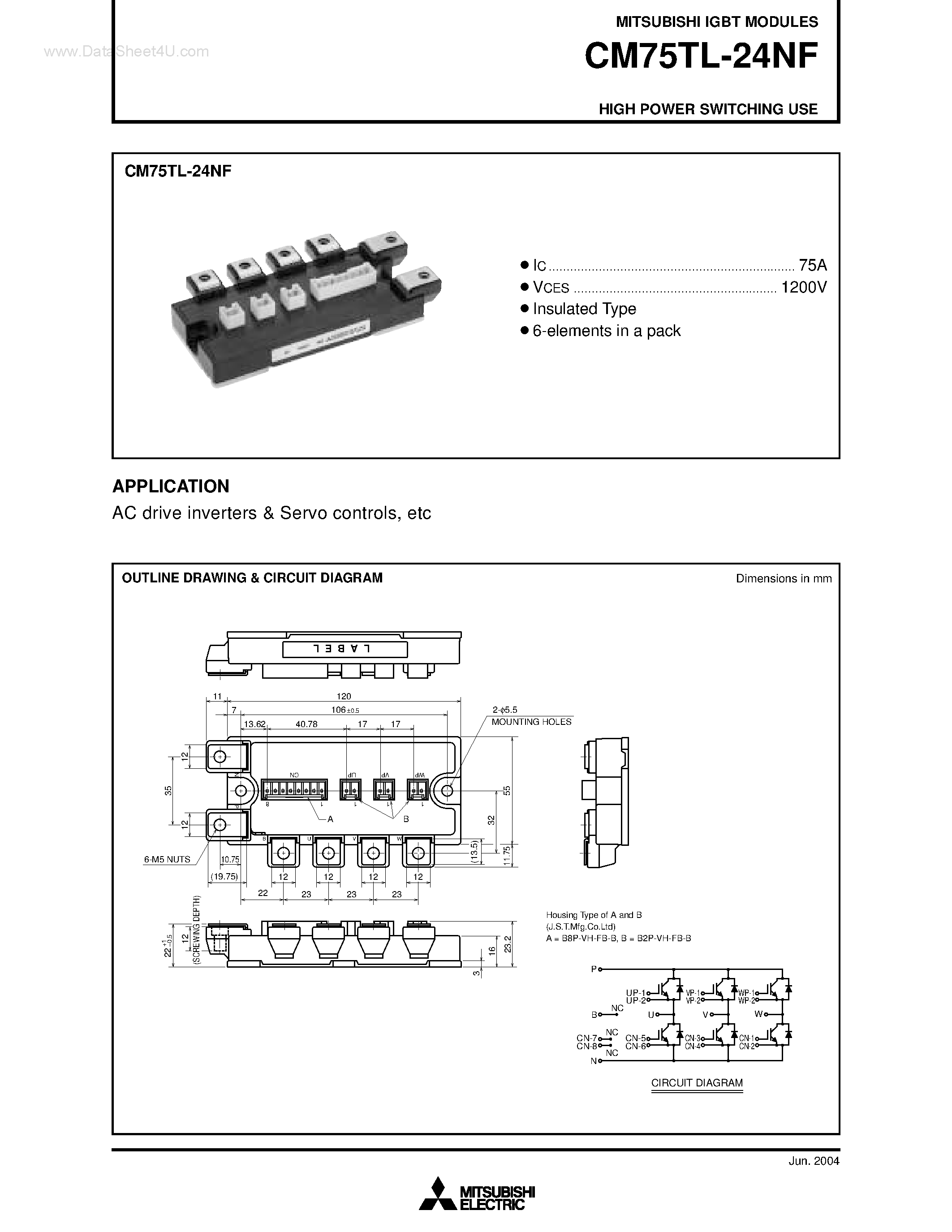Даташит на микросхему CM75TL-24NF страница 1 Даташит CM75TL-24NF - HIGH POWER SWITCHING USE страница 1