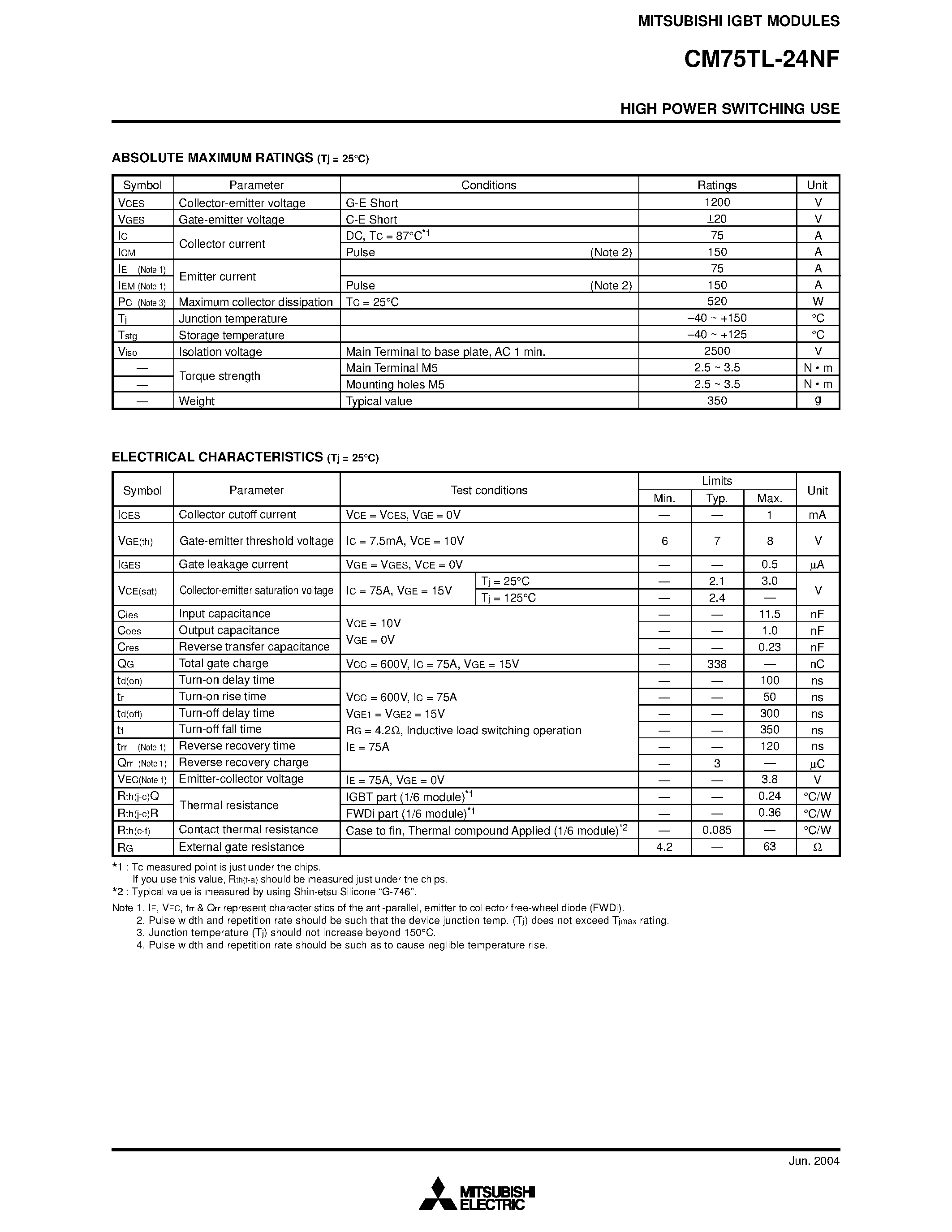 Даташит на микросхему CM75TL-24NF страница 2 Даташит CM75TL-24NF - HIGH POWER SWITCHING USE страница 2