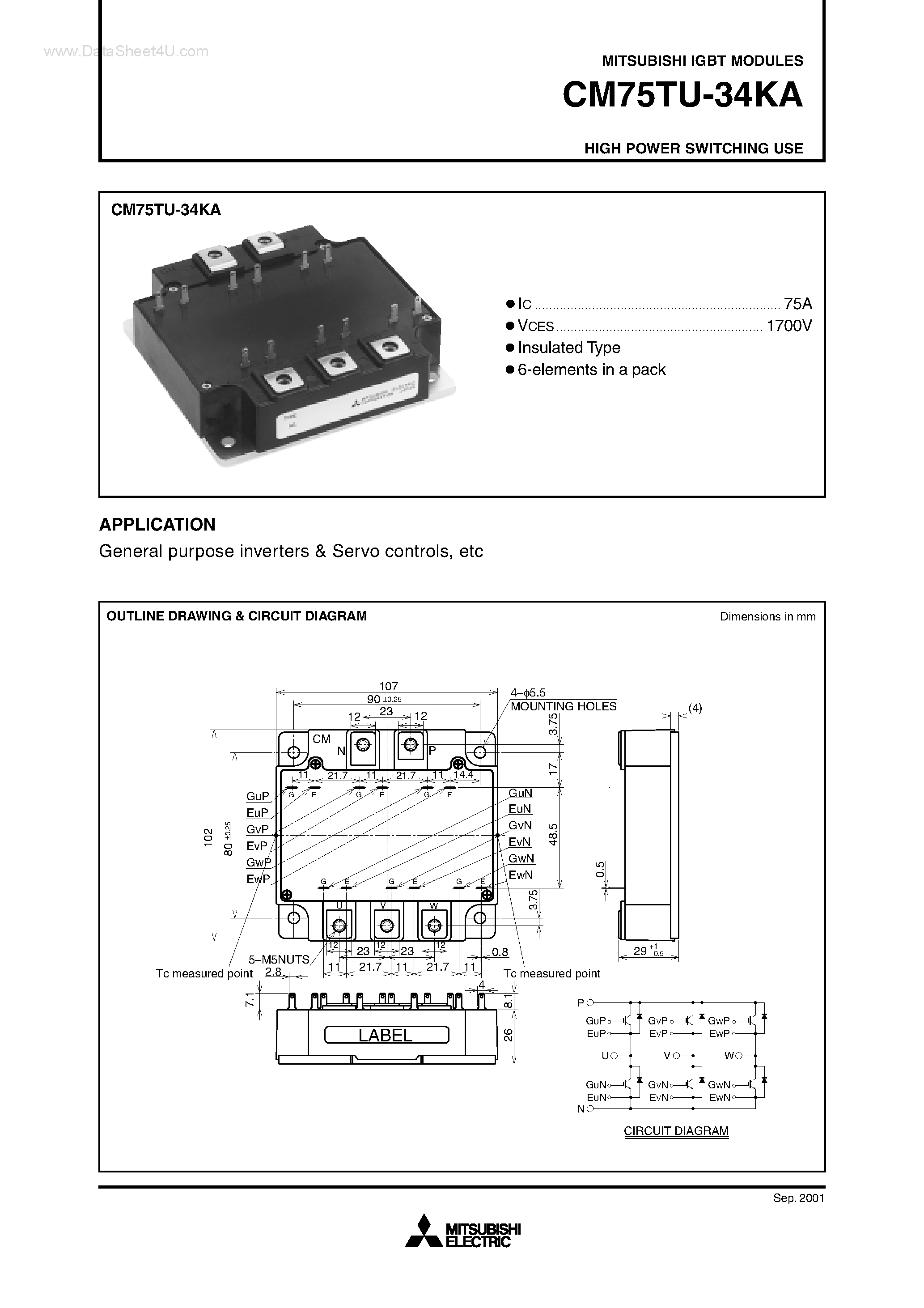 Даташит на микросхему CM75TU-34KA страница 1 Даташит CM75TU-34KA - HIGH POWER SWITCHING USE страница 1