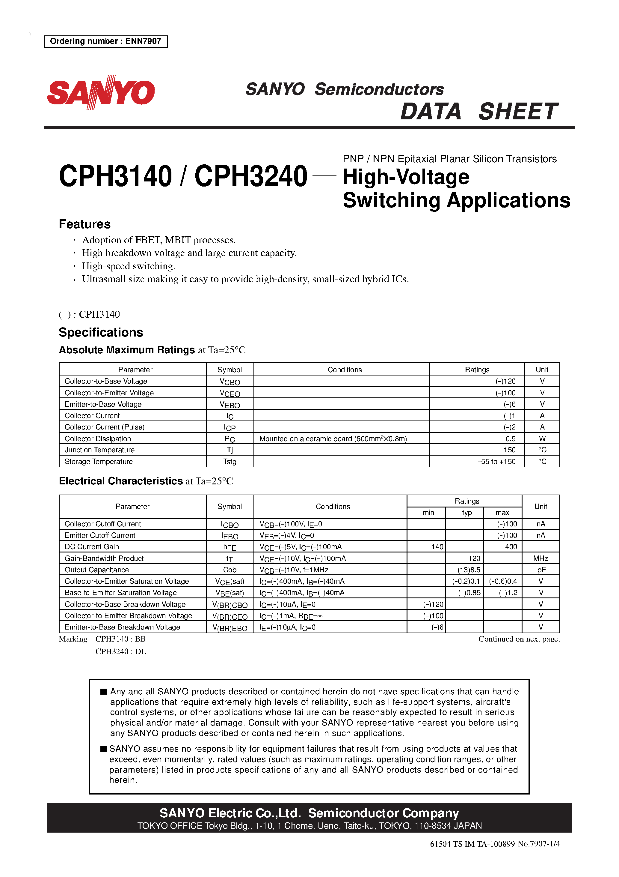 Даташит на микросхему CPH3140 страница 1 Даташит CPH3140 - (CPH3140 / CPH3240) High-Voltage Switching Applications страница 1