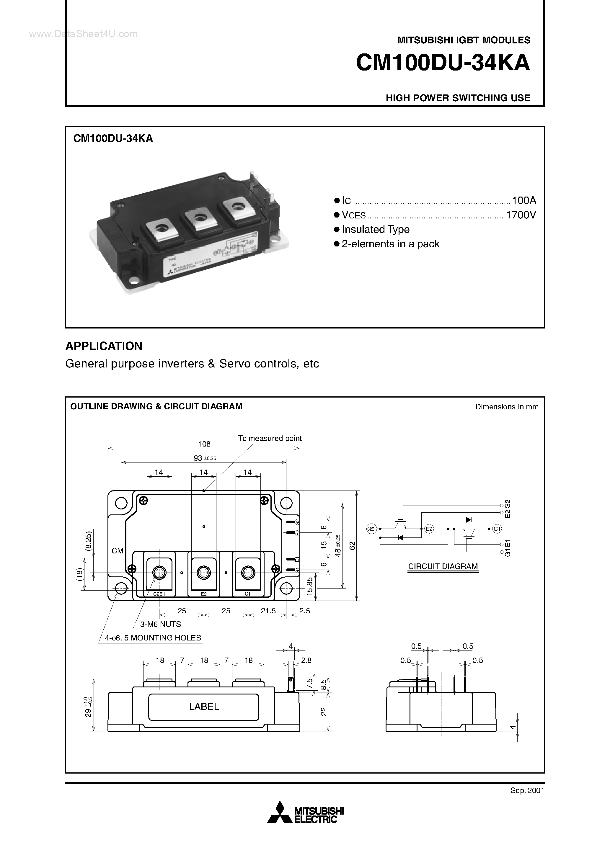 Даташит на микросхему CM100DU-34KA страница 1 Даташит CM100DU-34KA - HIGH POWER SWITCHING USE страница 1