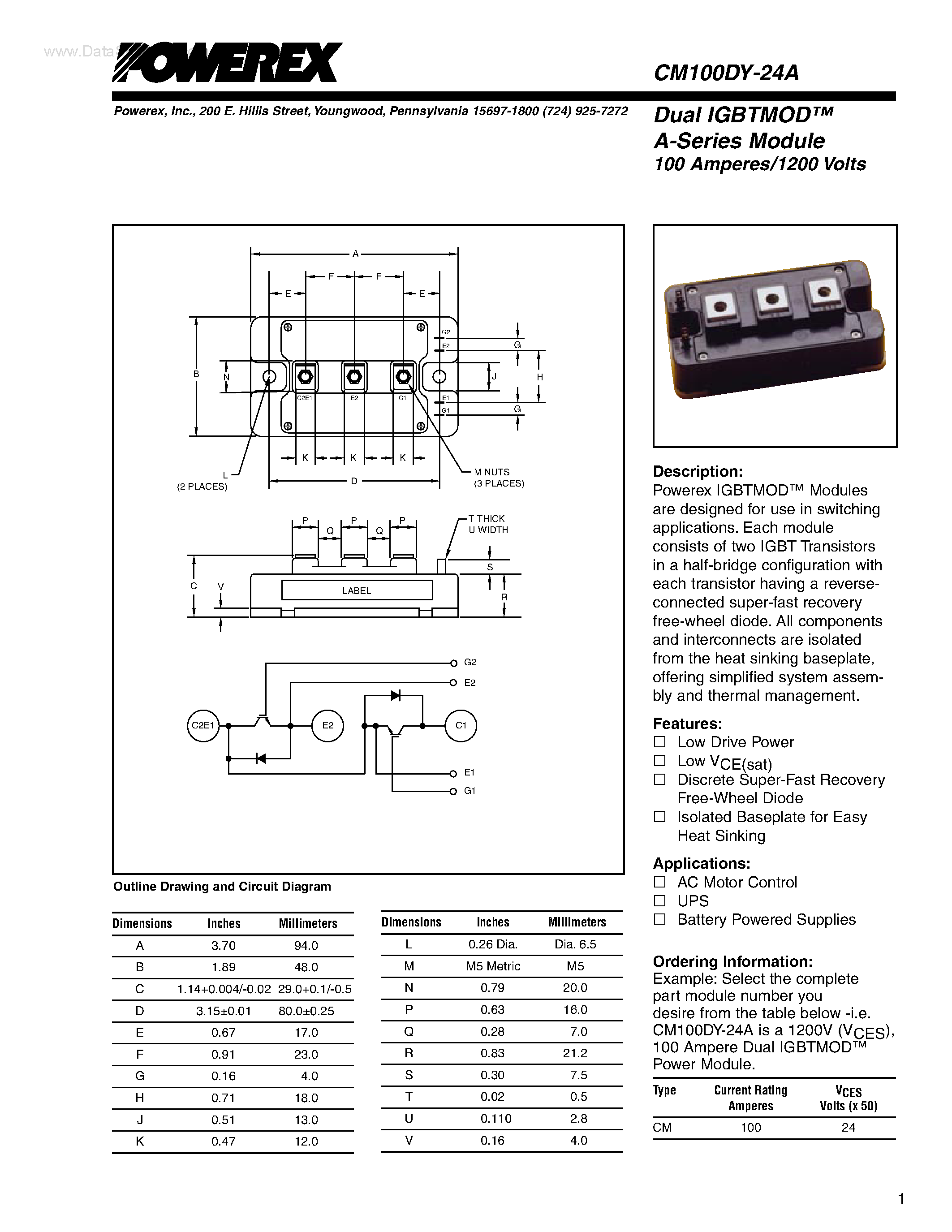 Datasheet CM100DY-24A - Dual IGBTMOD A-Series Module page 1