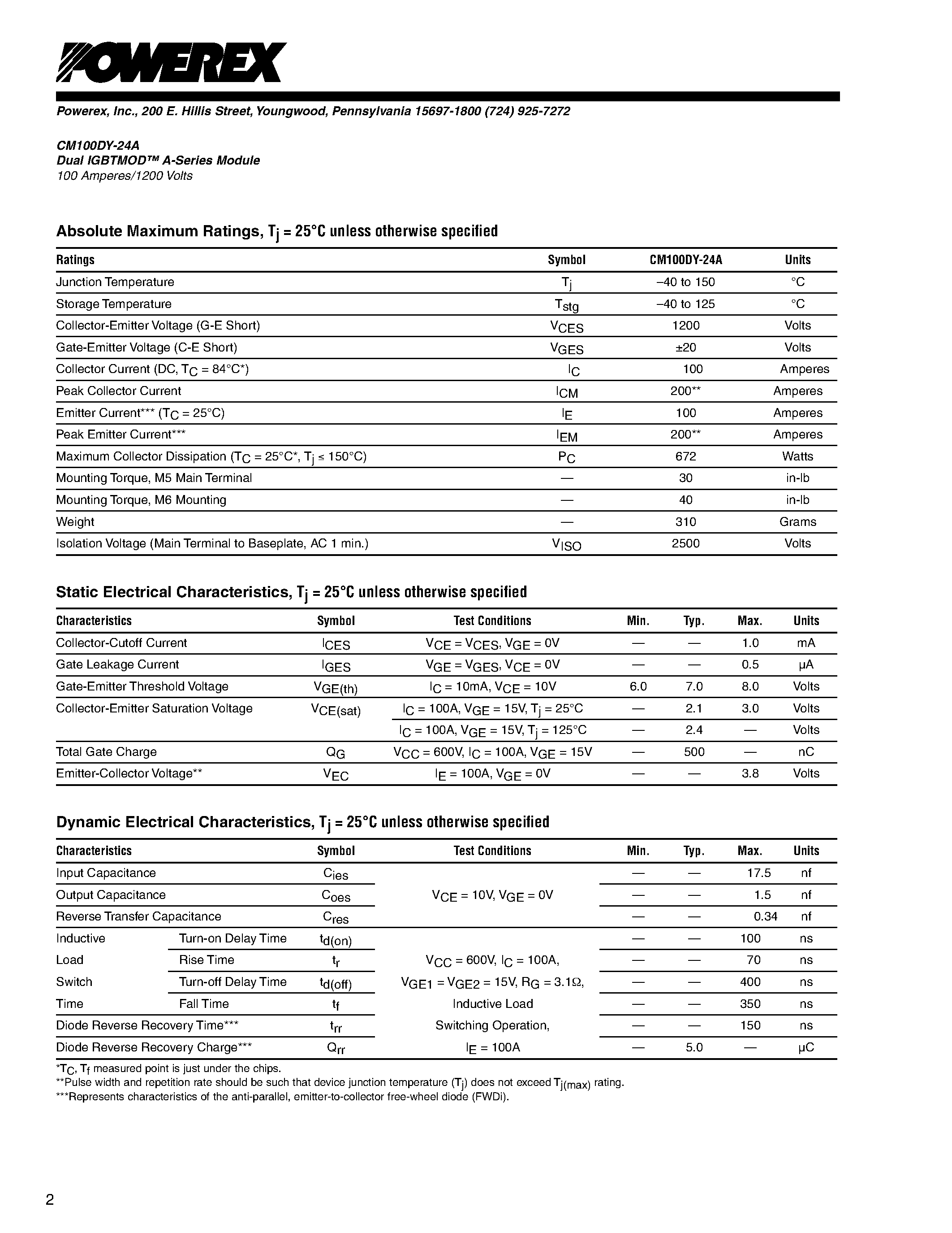 Datasheet CM100DY-24A - Dual IGBTMOD A-Series Module page 2