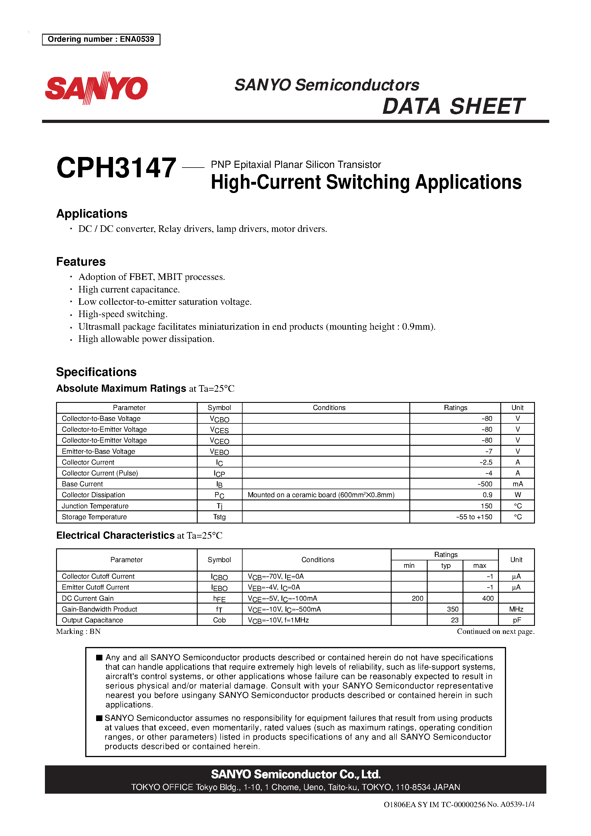 Даташит на микросхему CPH3147 страница 1 Даташит CPH3147 - High-Current Switching Applications страница 1