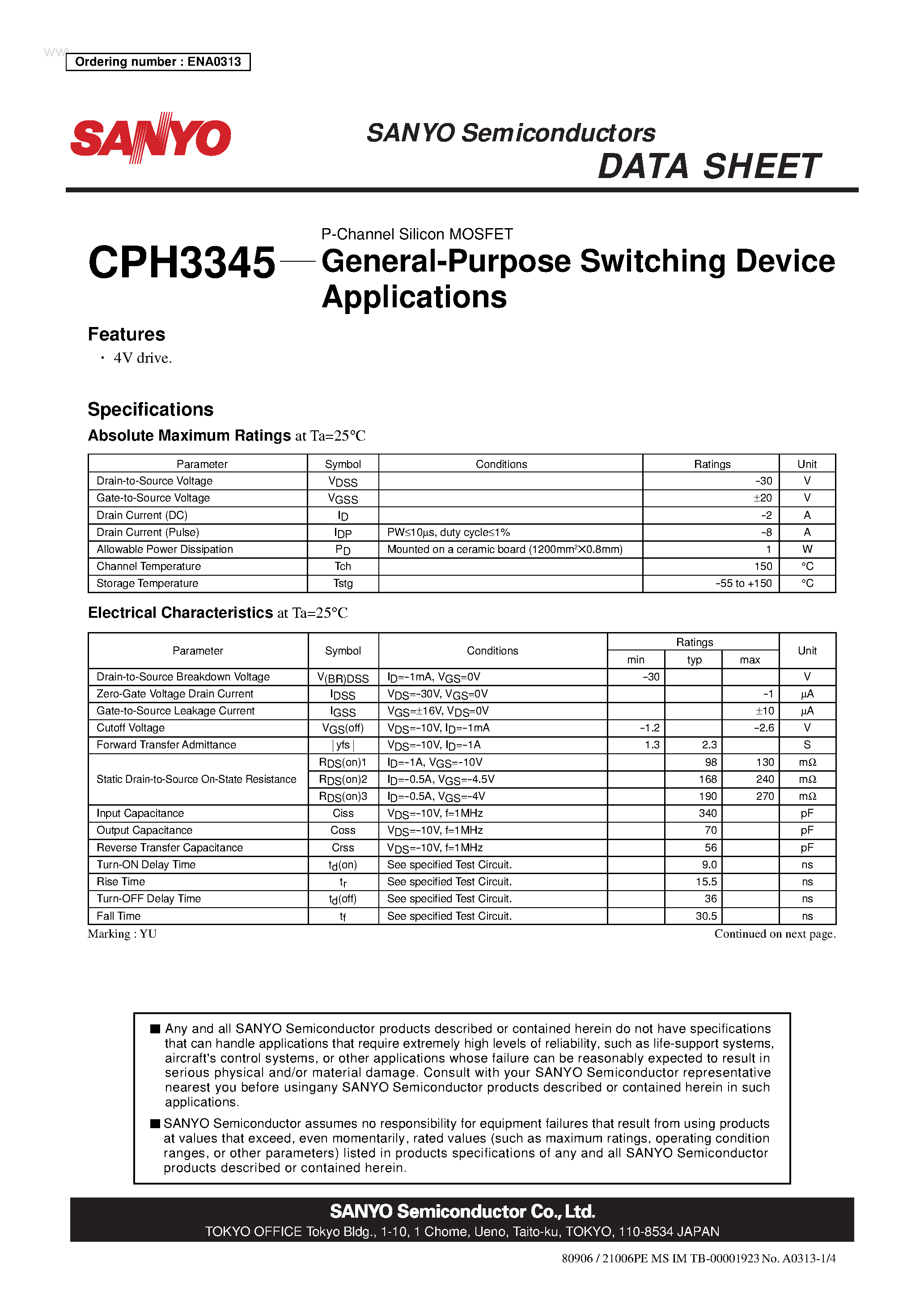Даташит CPH3345 - P-Channel Silicon MOSFET General-Purpose Switching Device страница 1