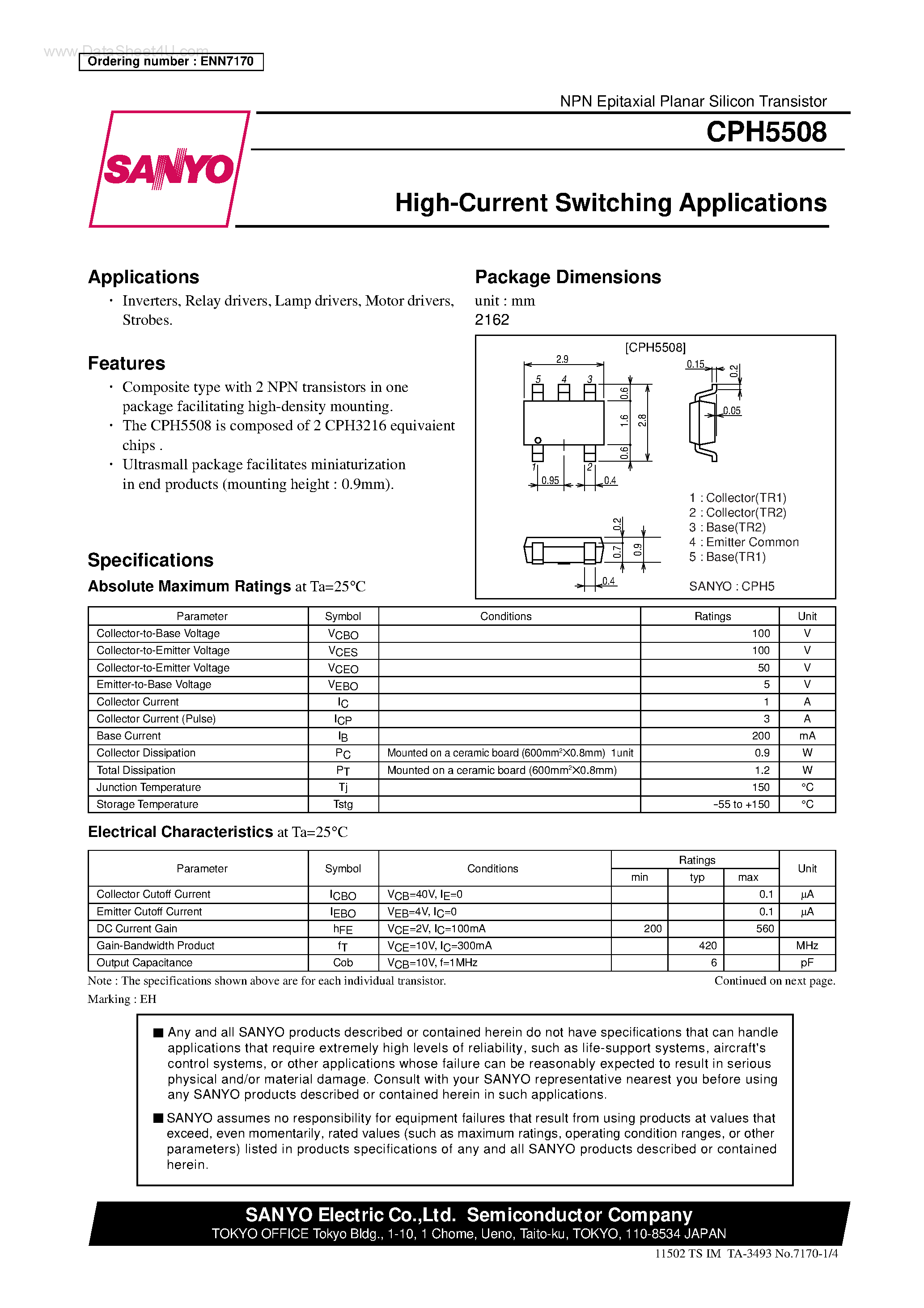 Даташит CPH5508 - High-Current Switching Applications страница 1