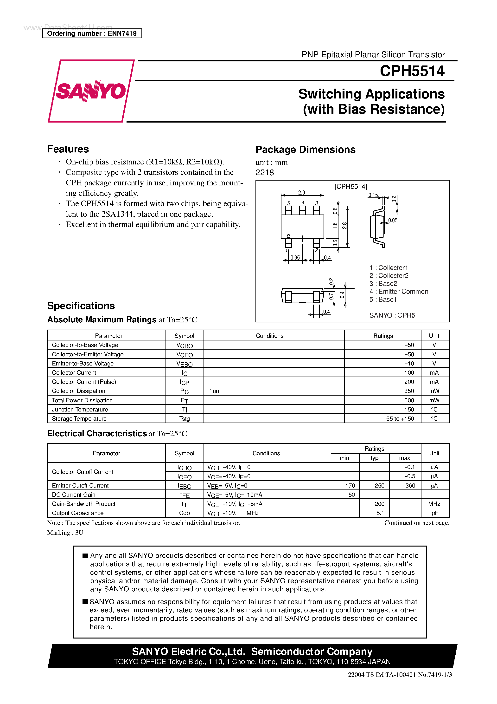 Даташит на микросхему CPH5514 страница 1 Даташит CPH5514 - Switching Applications страница 1