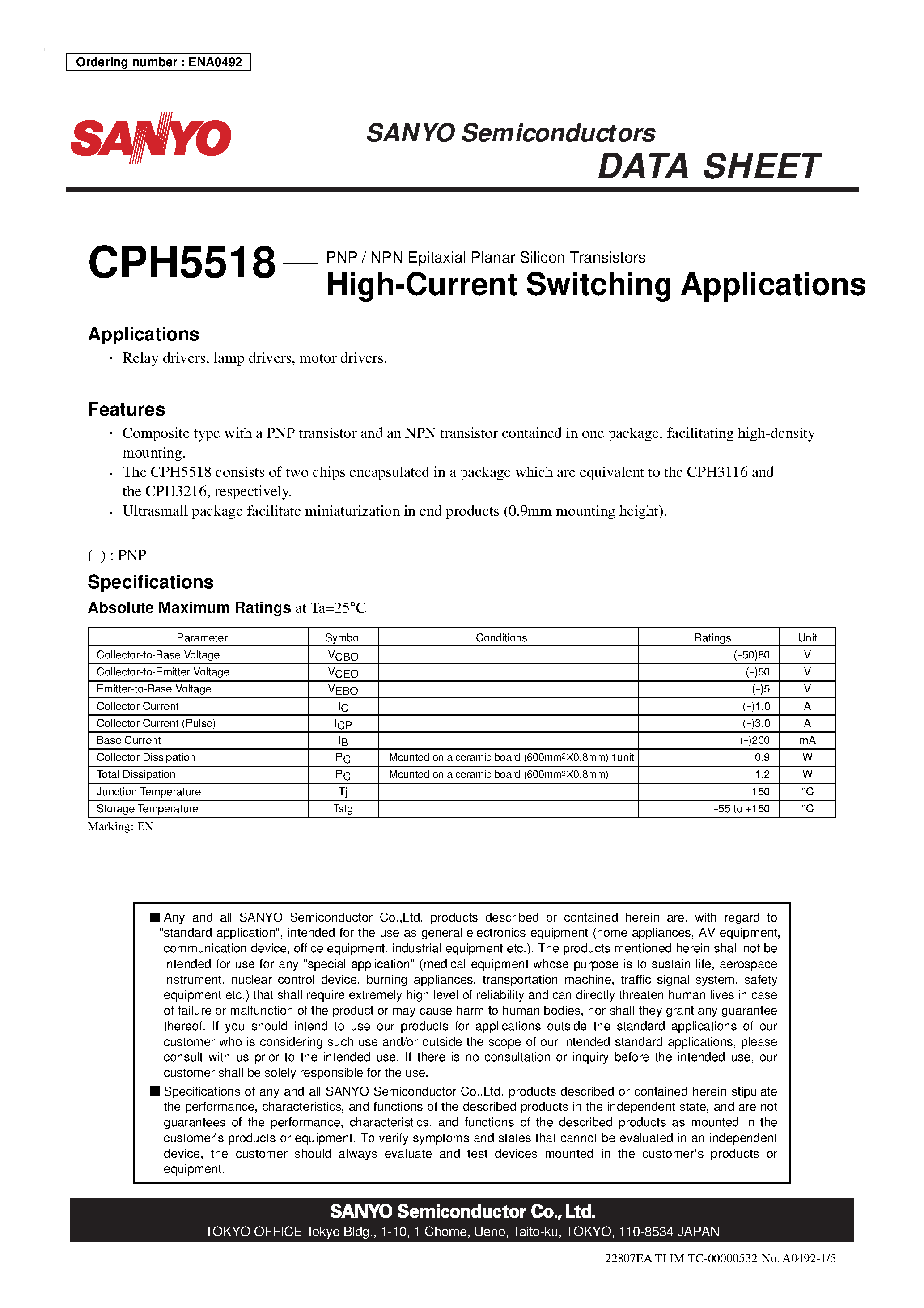 Даташит CPH5518 - PNP / NPN Epitaxial Planar Silicon Transistors страница 1