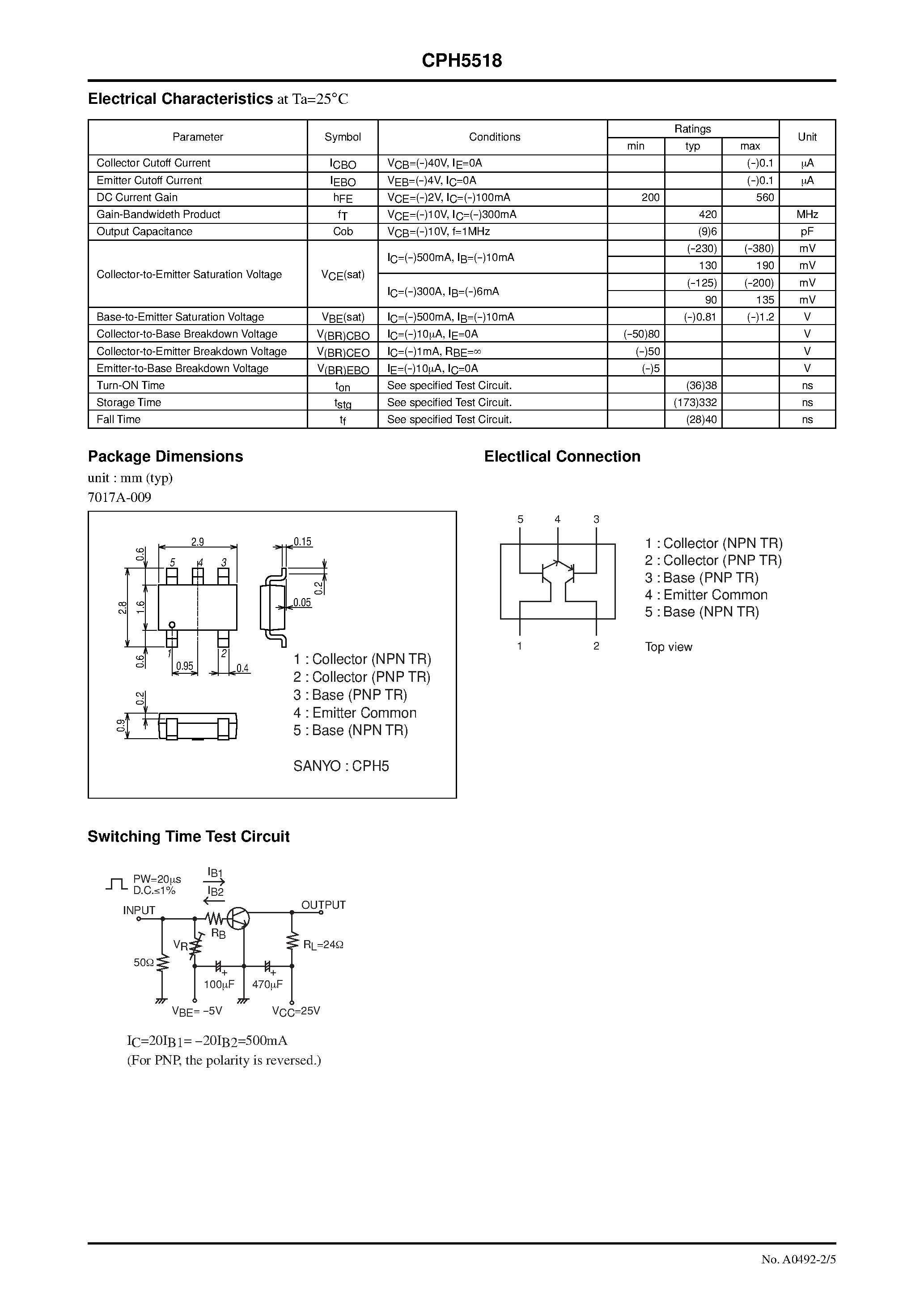 Даташит CPH5518 - PNP / NPN Epitaxial Planar Silicon Transistors страница 2