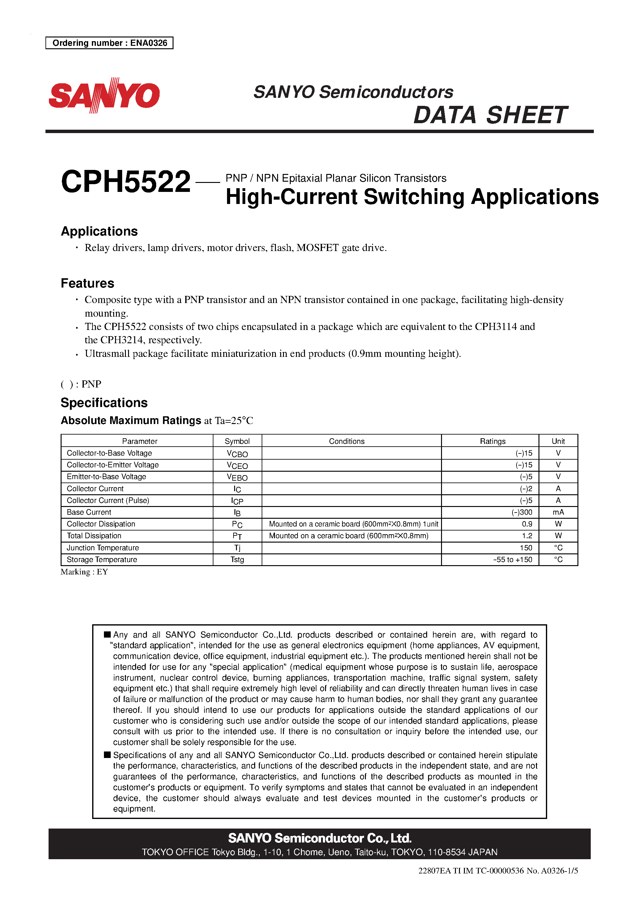 Даташит CPH5522 - PNP / NPN Epitaxial Planar Silicon Transistors страница 1