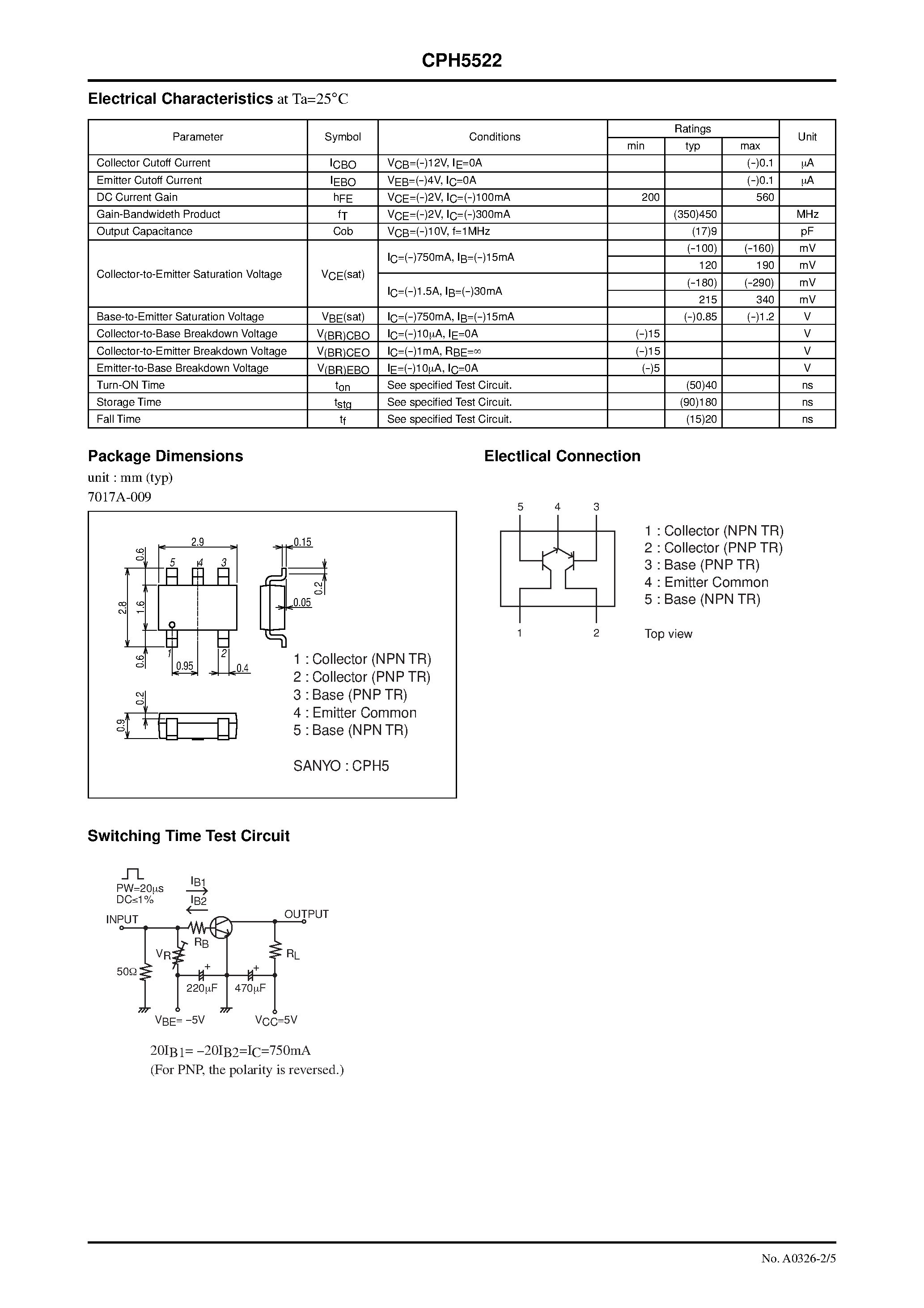 Даташит CPH5522 - PNP / NPN Epitaxial Planar Silicon Transistors страница 2