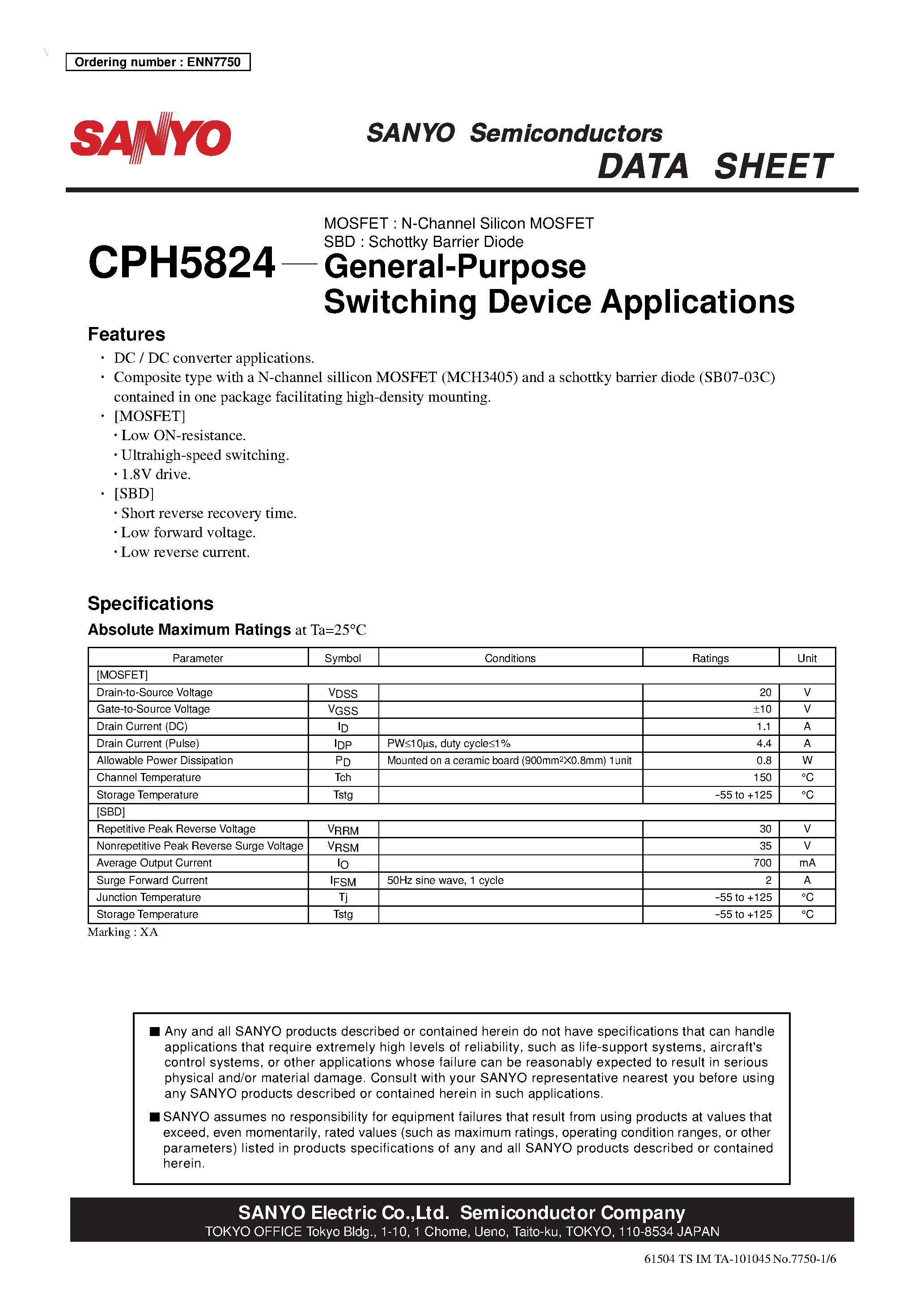 Datasheet CPH5824 - N-Channel Silicon MOSFET page 1