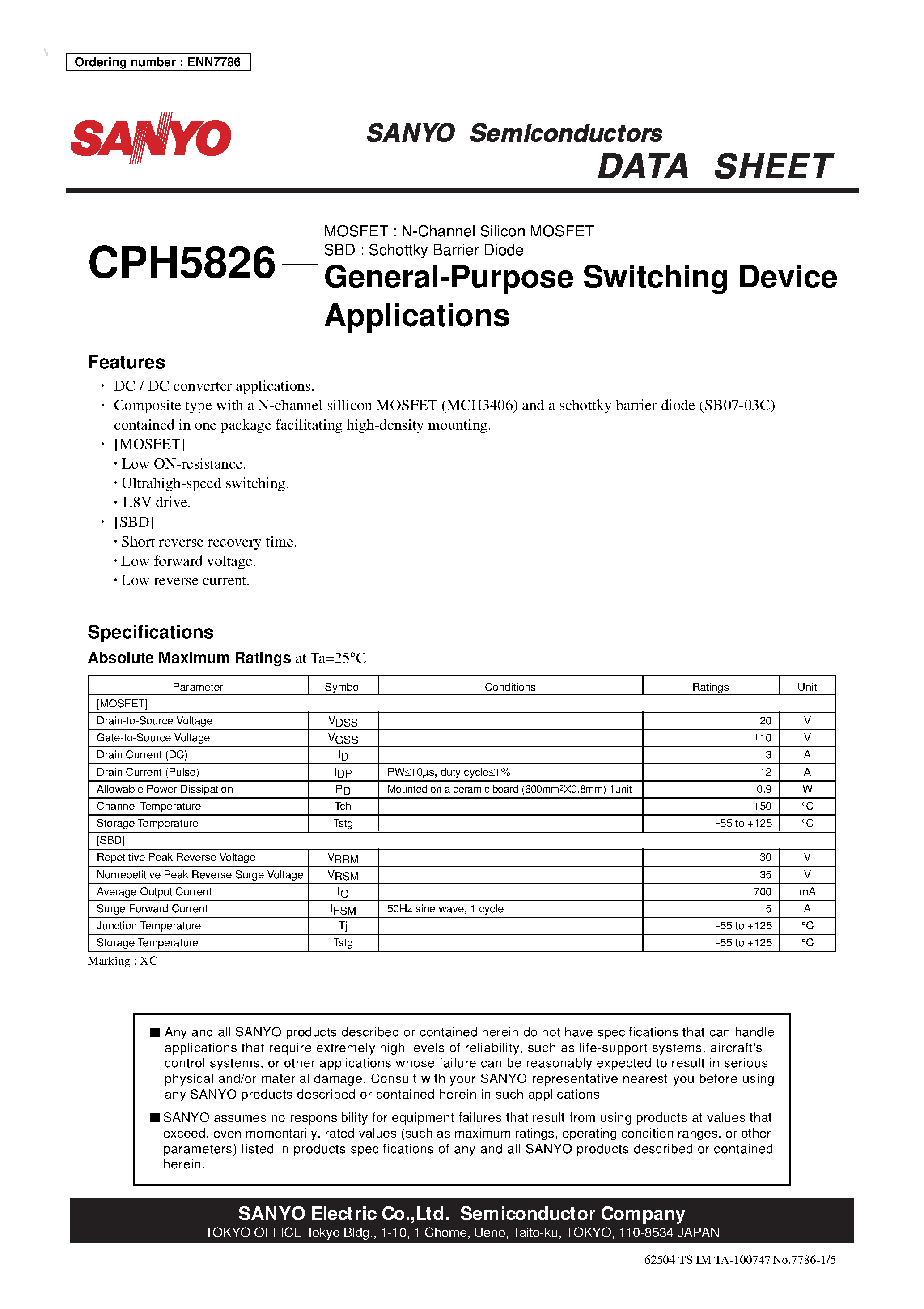 Datasheet CPH5826 - N-Channel Silicon MOSFET page 1