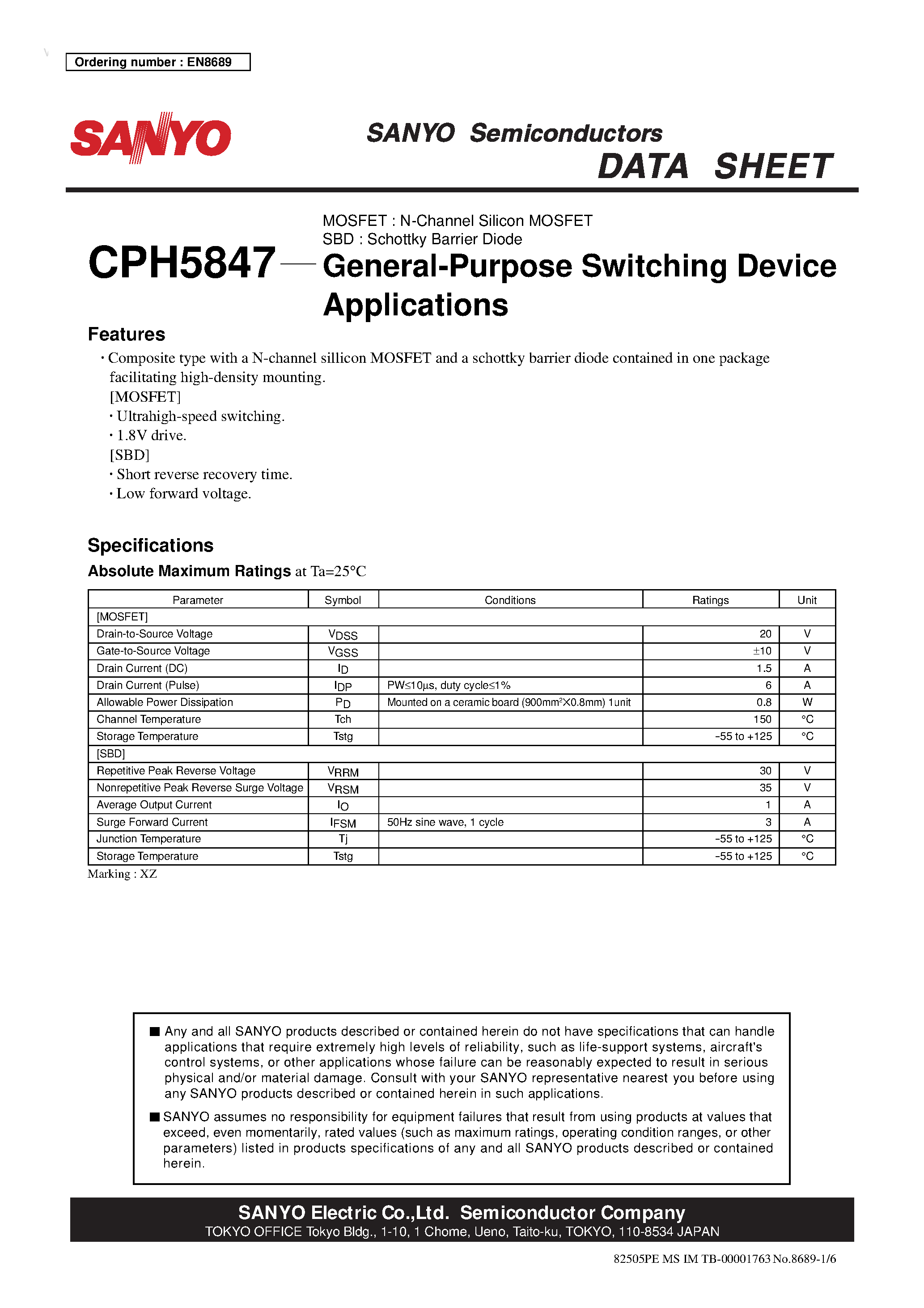 Datasheet CPH5847 - N-Channel Silicon MOSFET page 1