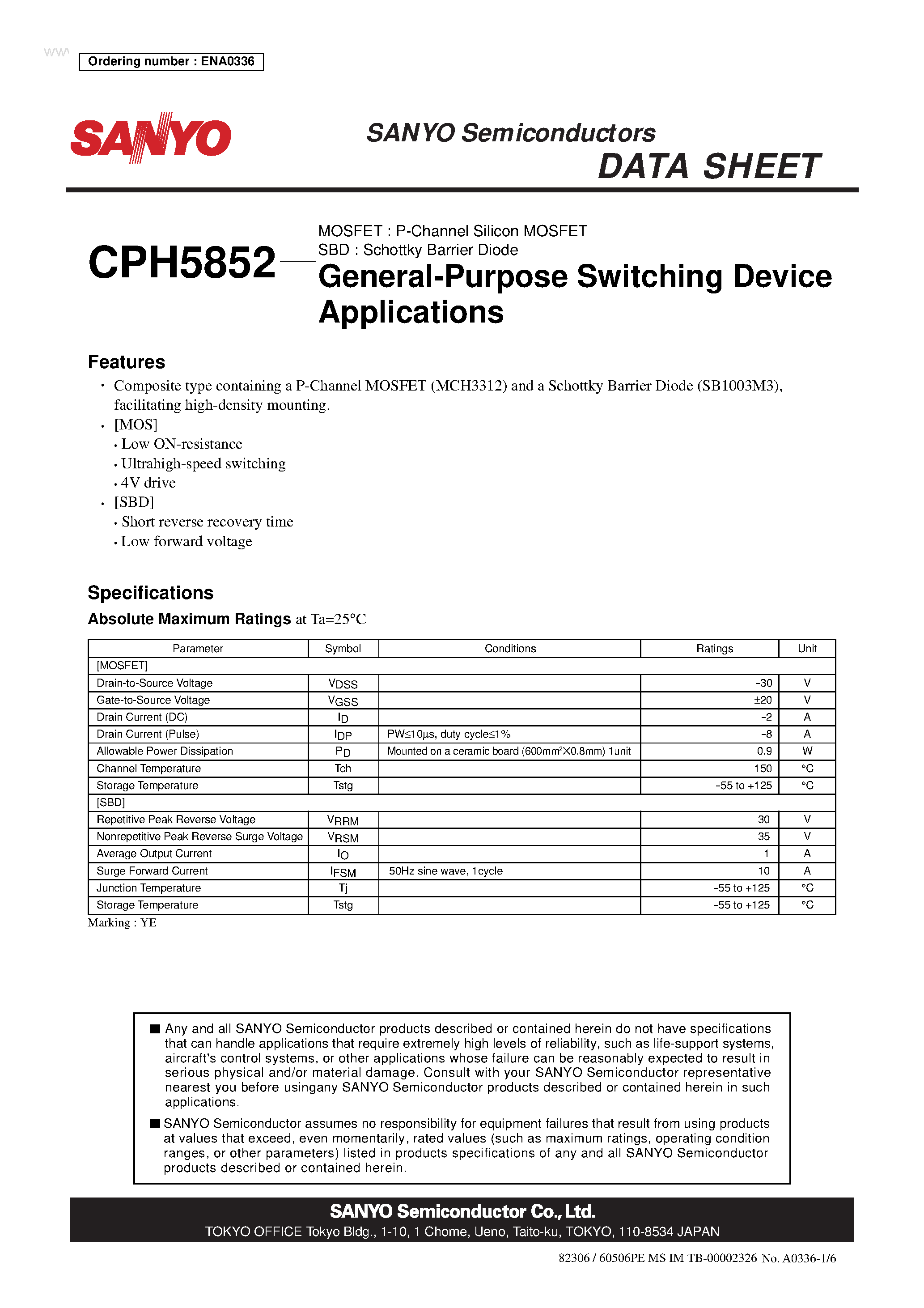 Даташит CPH5852 - P-Channel Silicon MOSFET страница 1