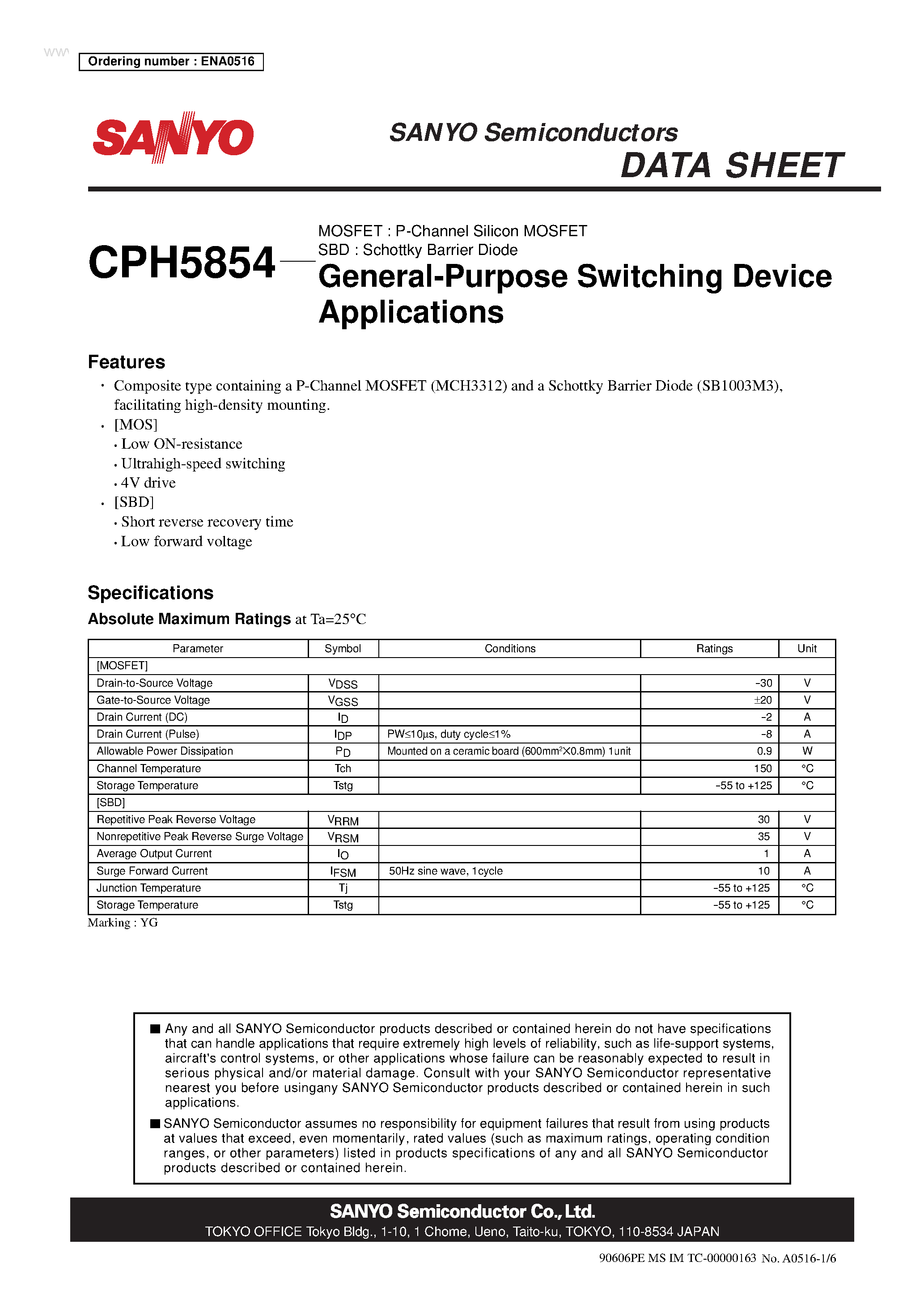 Даташит CPH5854 - P-Channel Silicon MOSFET страница 1