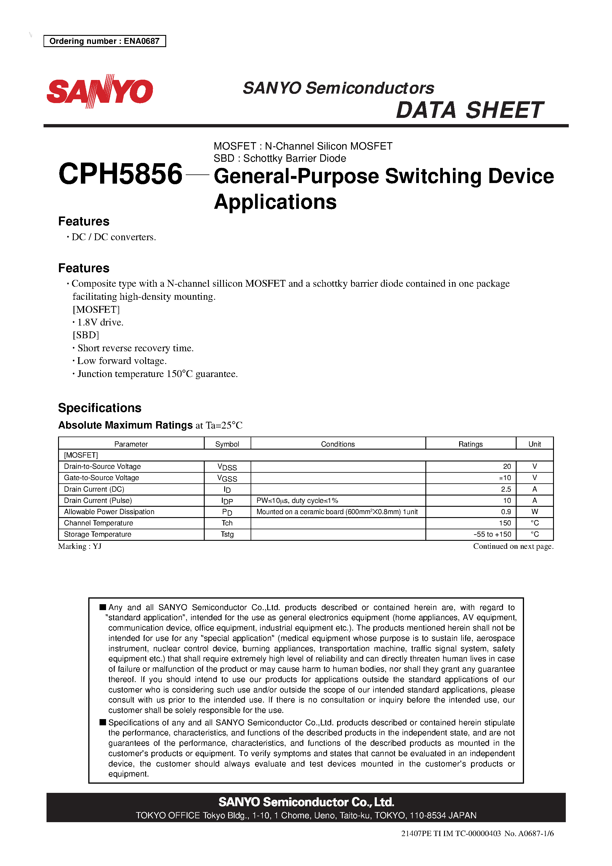 Datasheet CPH5856 - N-Channel Silicon MOSFET page 1