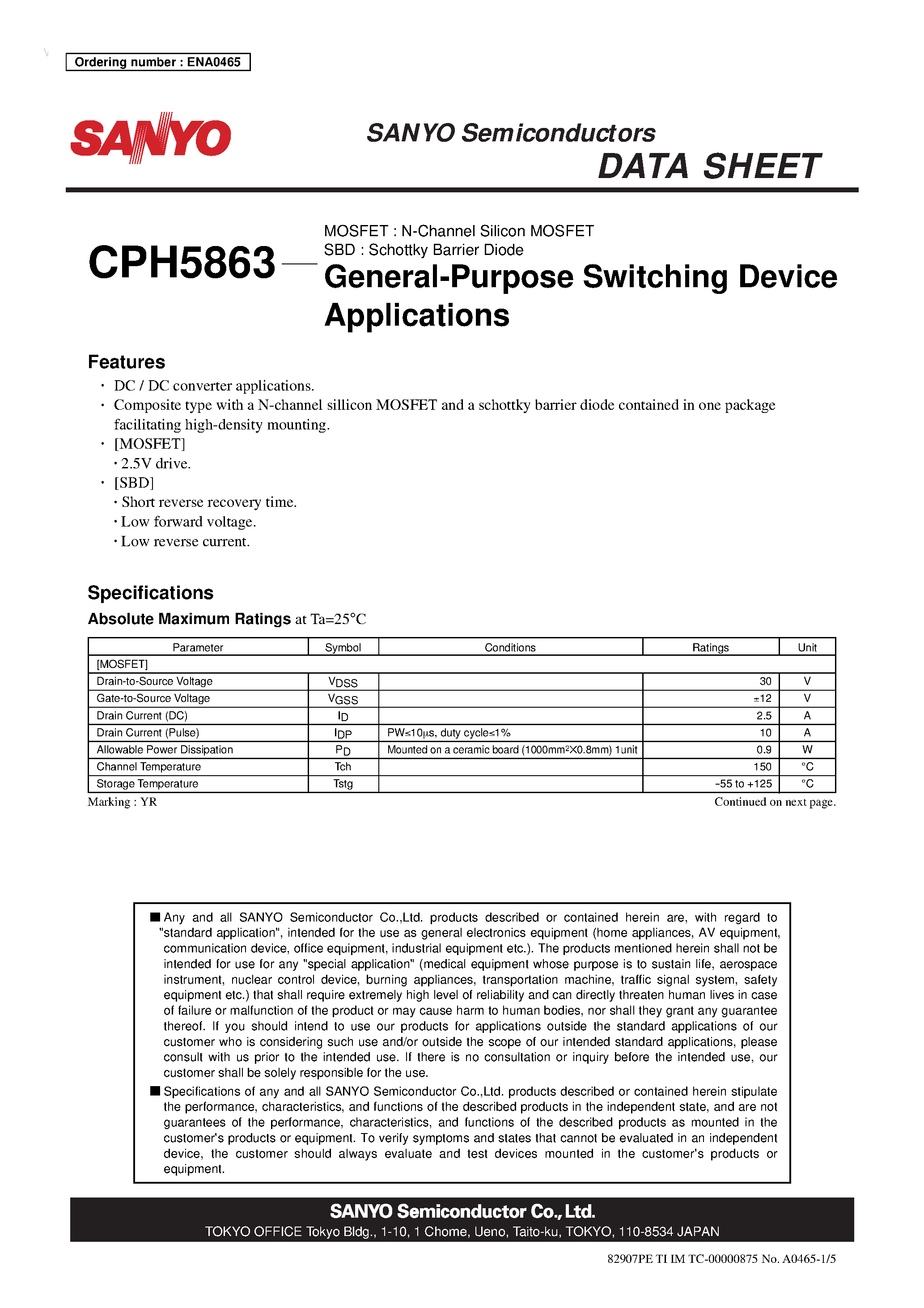Datasheet CPH5863 - N-Channel Silicon MOSFET page 1