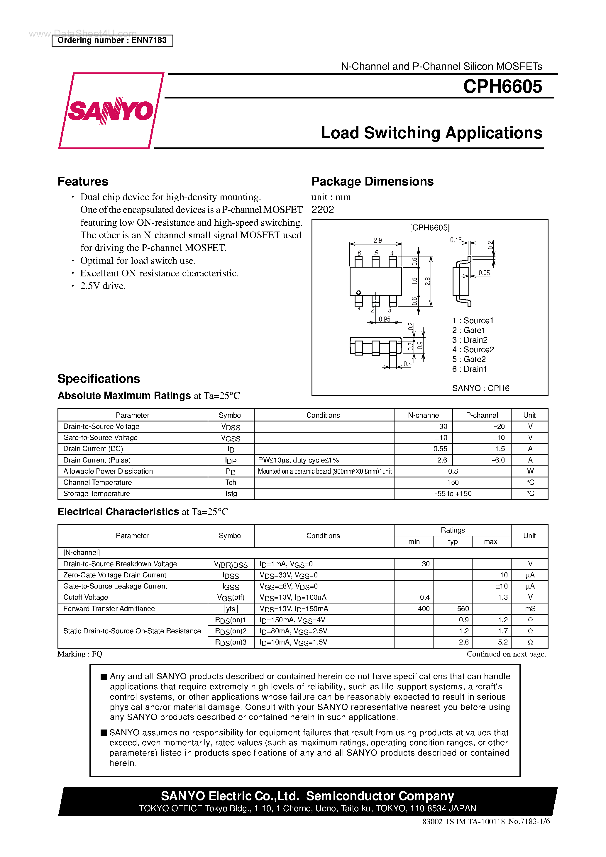 Даташит CPH6605 - N-Channel and P-Channel Silicon MOSFETs страница 1