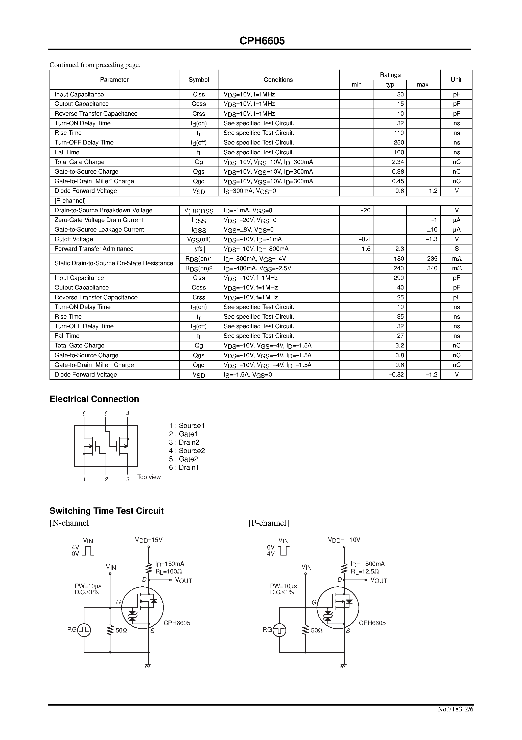 Даташит CPH6605 - N-Channel and P-Channel Silicon MOSFETs страница 2
