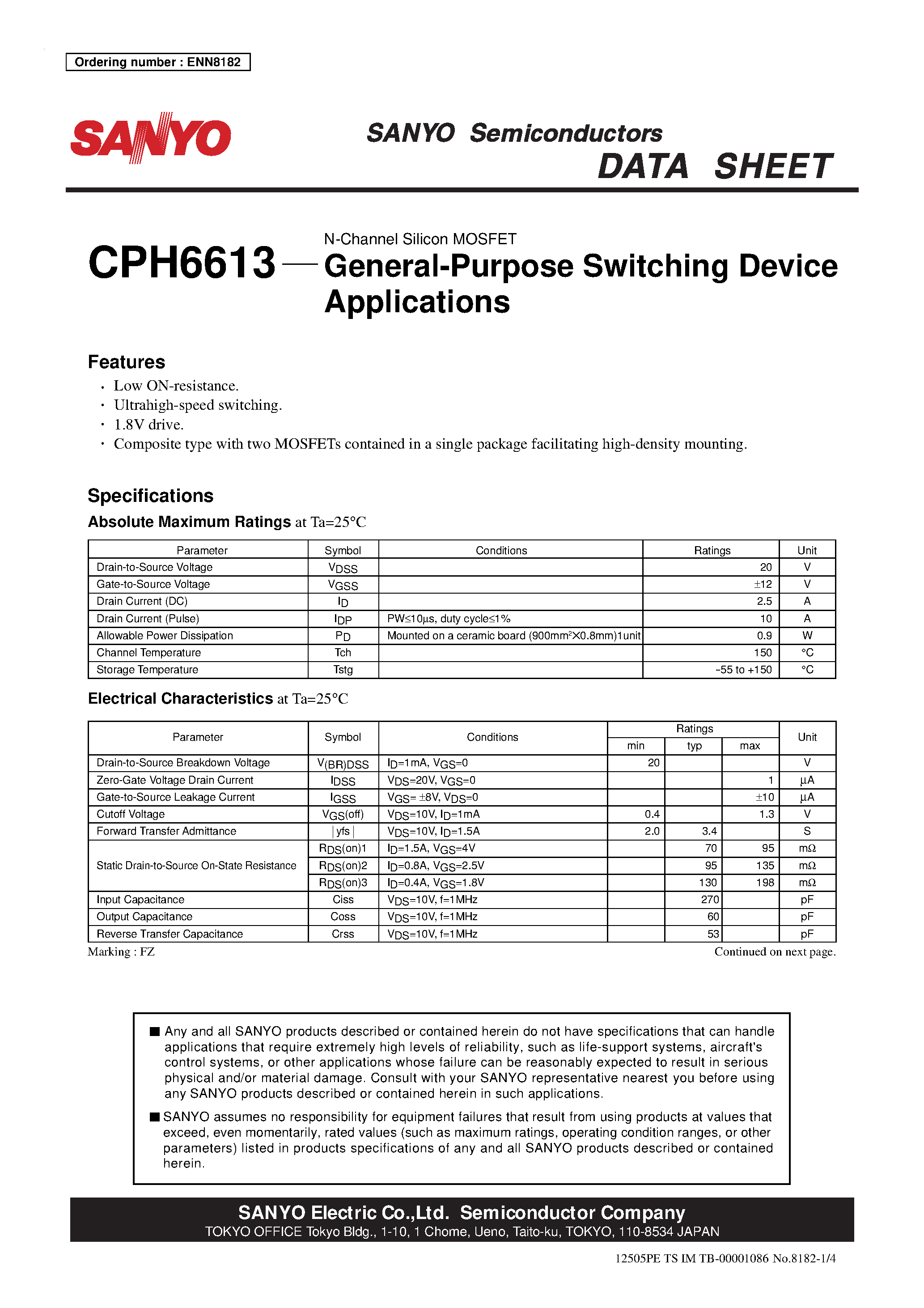 Datasheet CPH6613 - N-Channel Silicon MOSFET page 1