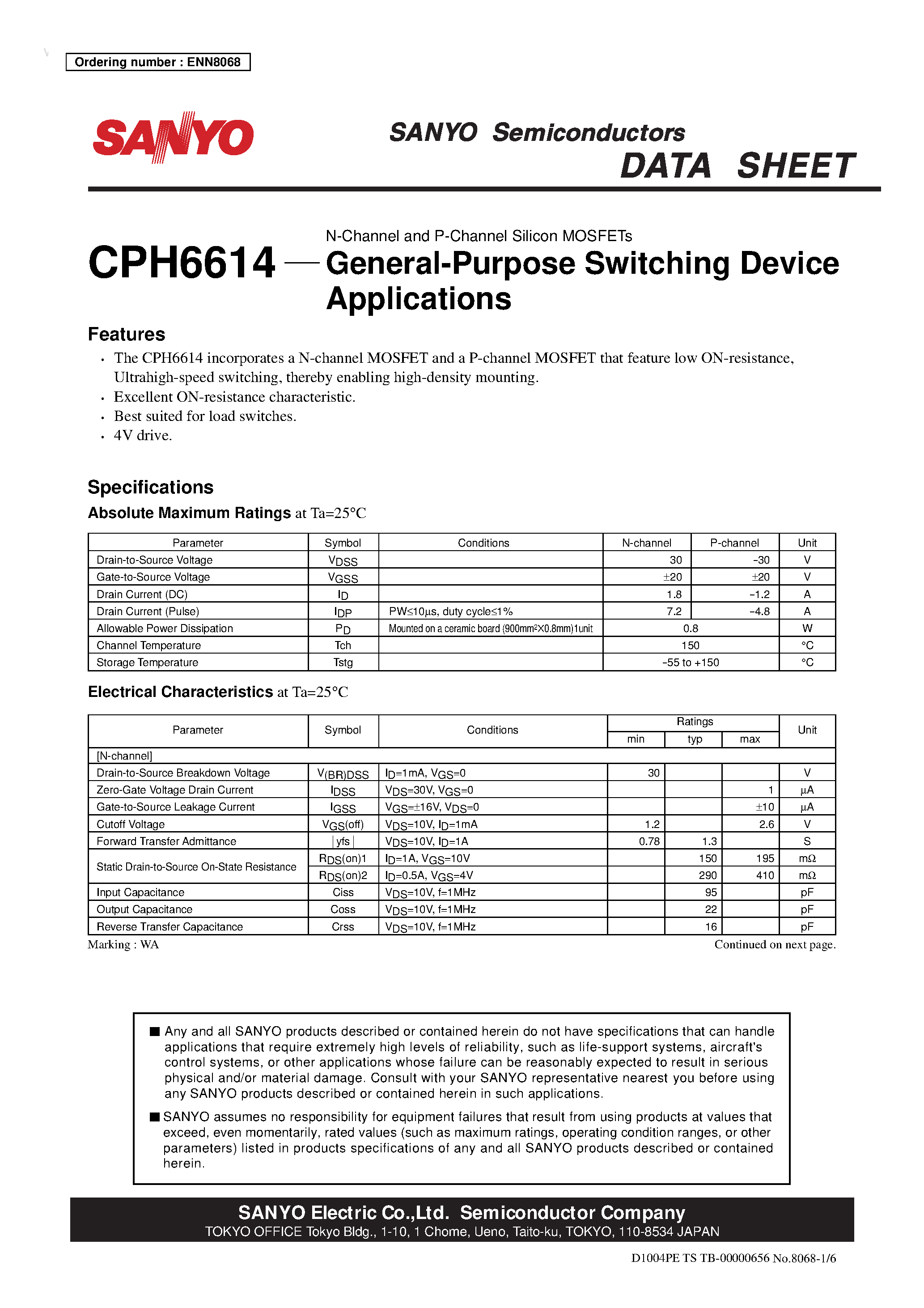 Даташит CPH6614 - N-Channel and P-Channel Silicon MOSFETs страница 1