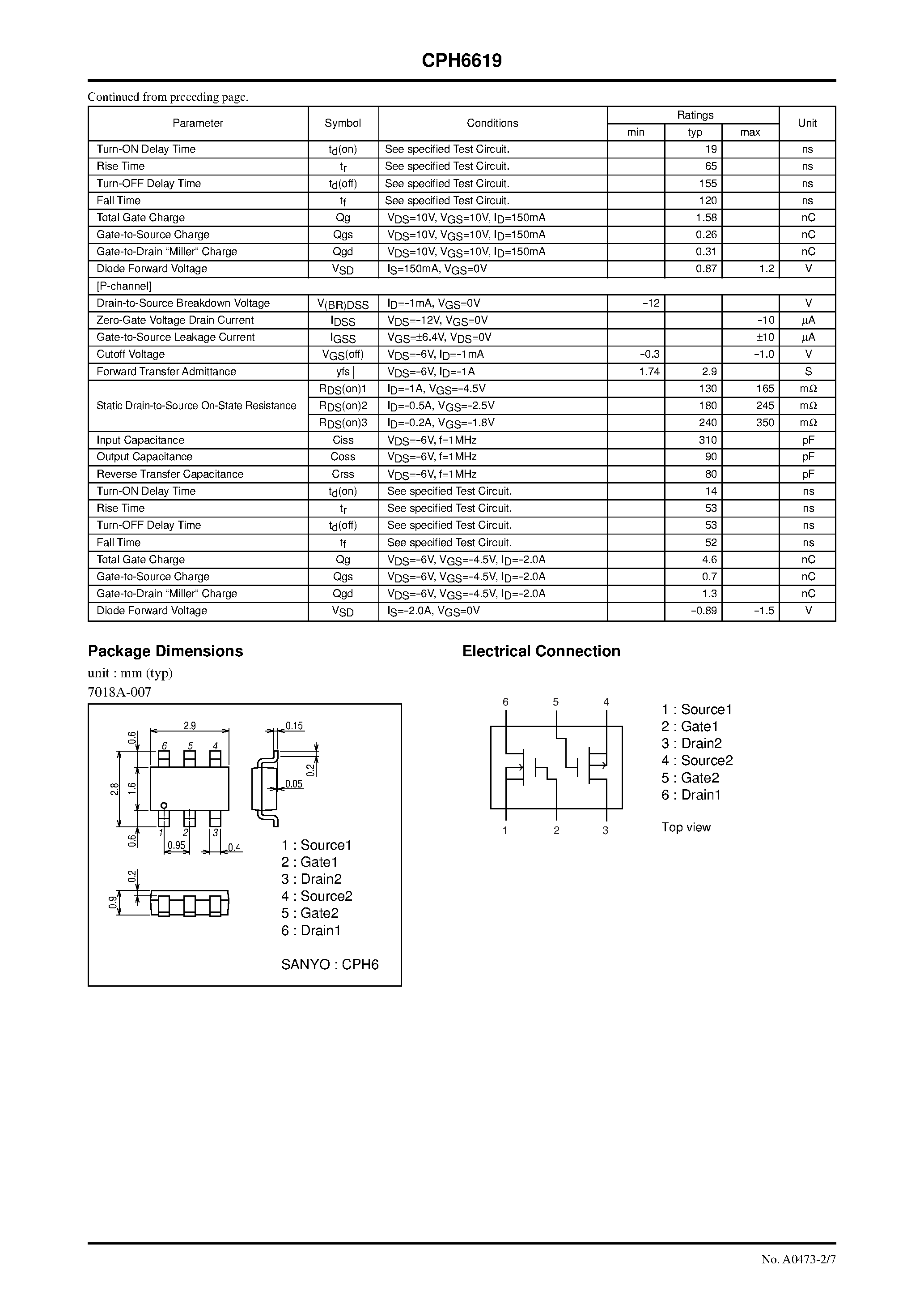 Даташит CPH6619 - N-Channel and P-Channel Silicon MOSFETs страница 2
