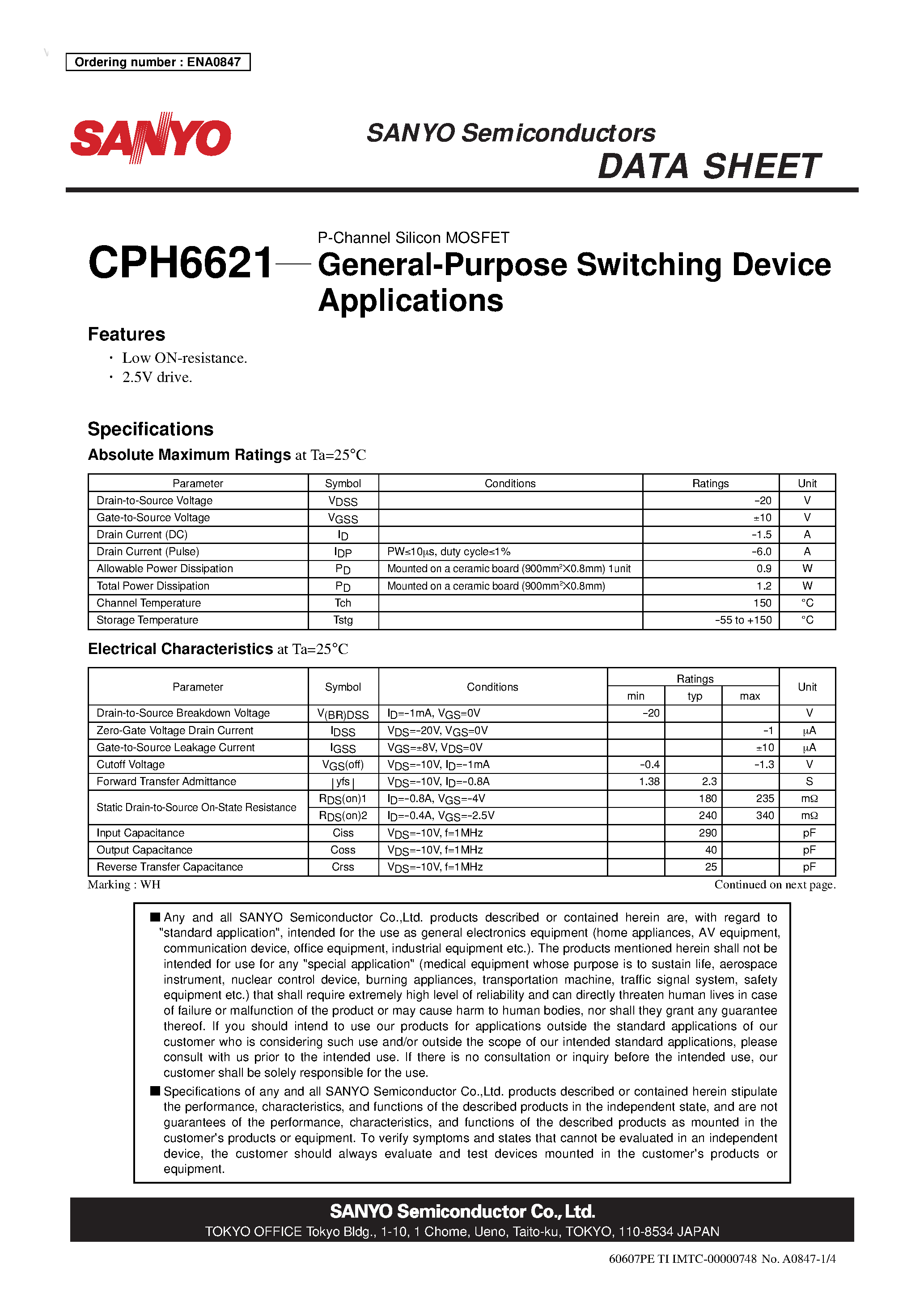 Даташит CPH6621 - P-Channel Silicon MOSFET страница 1