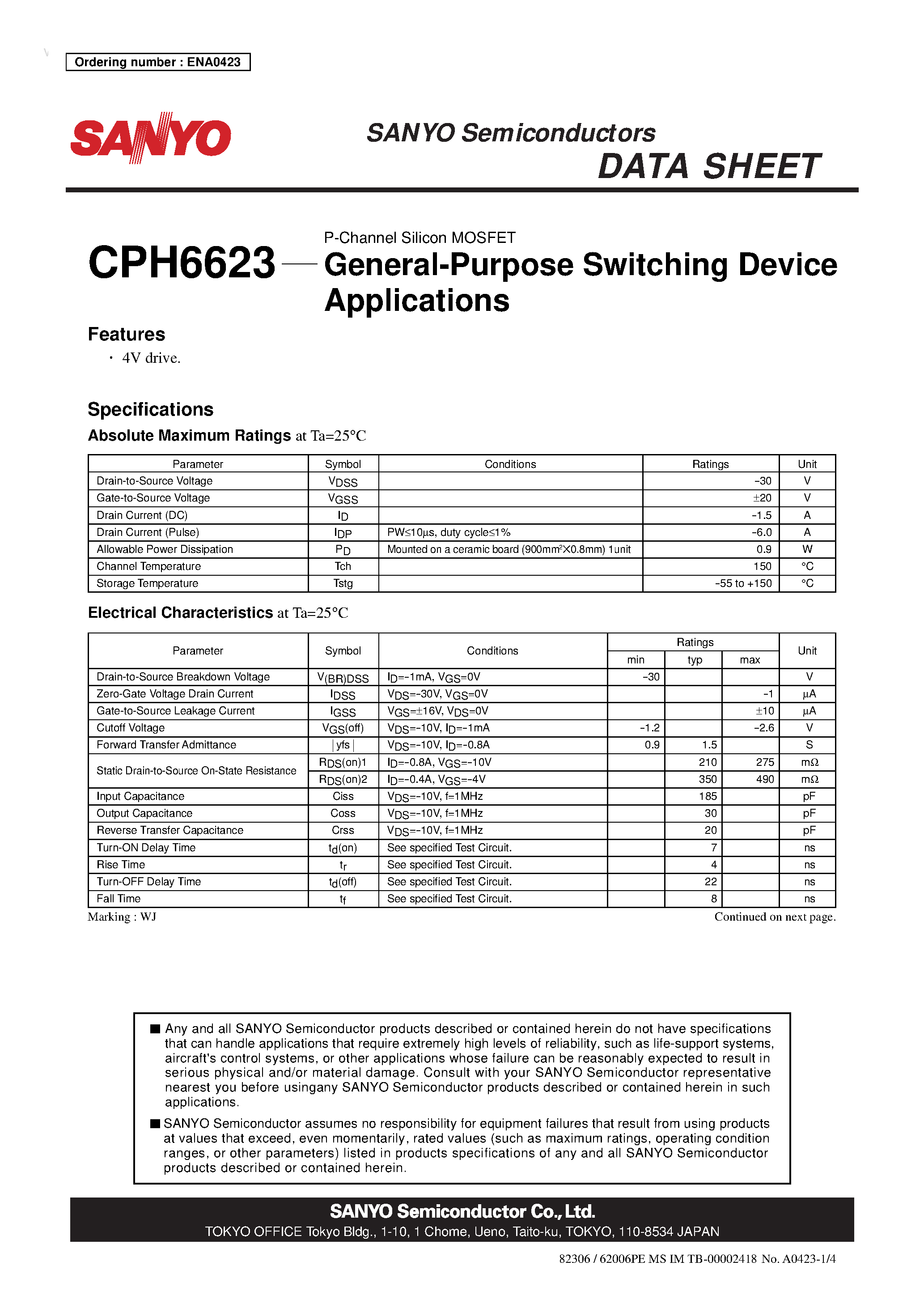 Даташит CPH6623 - P-Channel Silicon MOSFET страница 1